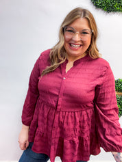 Buttoned Bliss Tiered Top in Red Wine