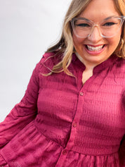 Buttoned Bliss Tiered Top in Red Wine