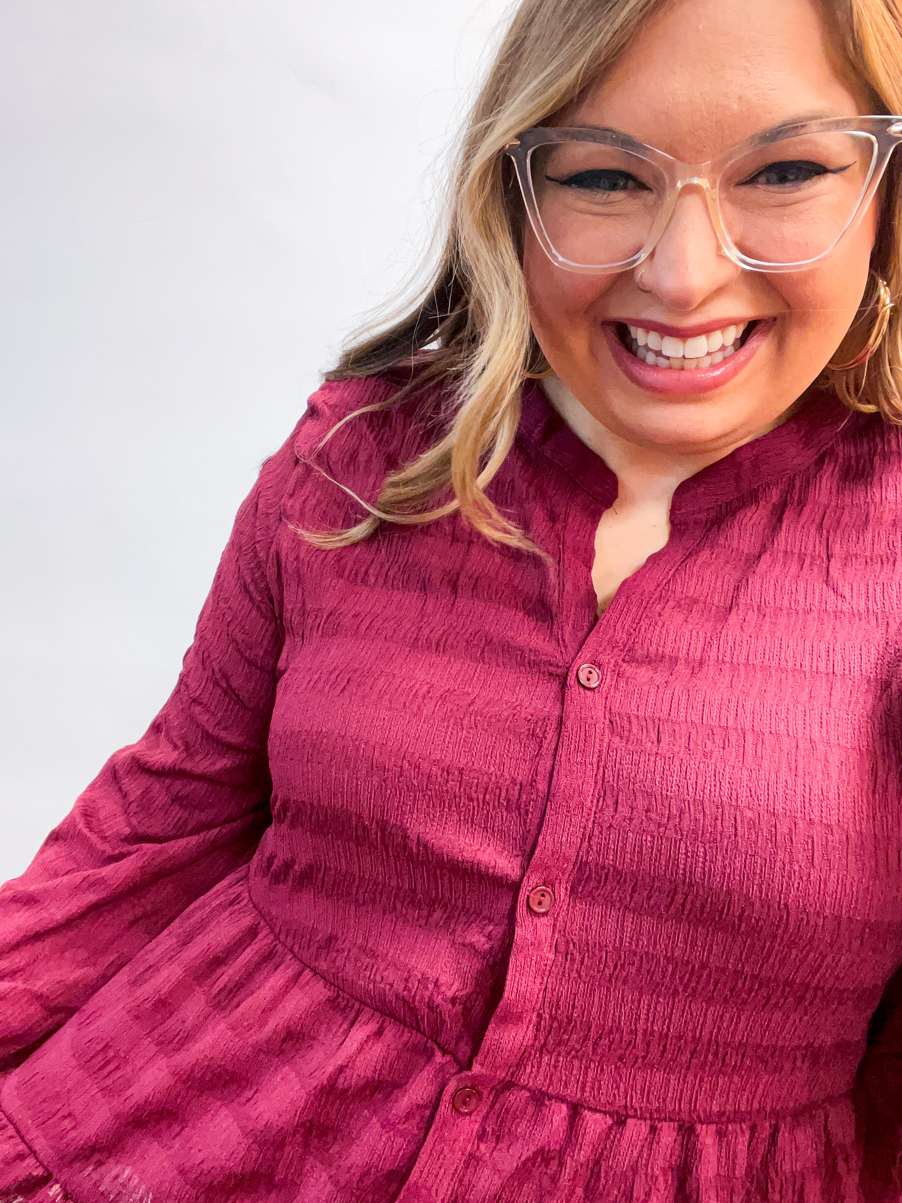 Buttoned Bliss Tiered Top in Red Wine