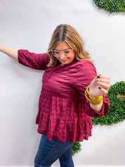 Buttoned Bliss Tiered Top in Red Wine
