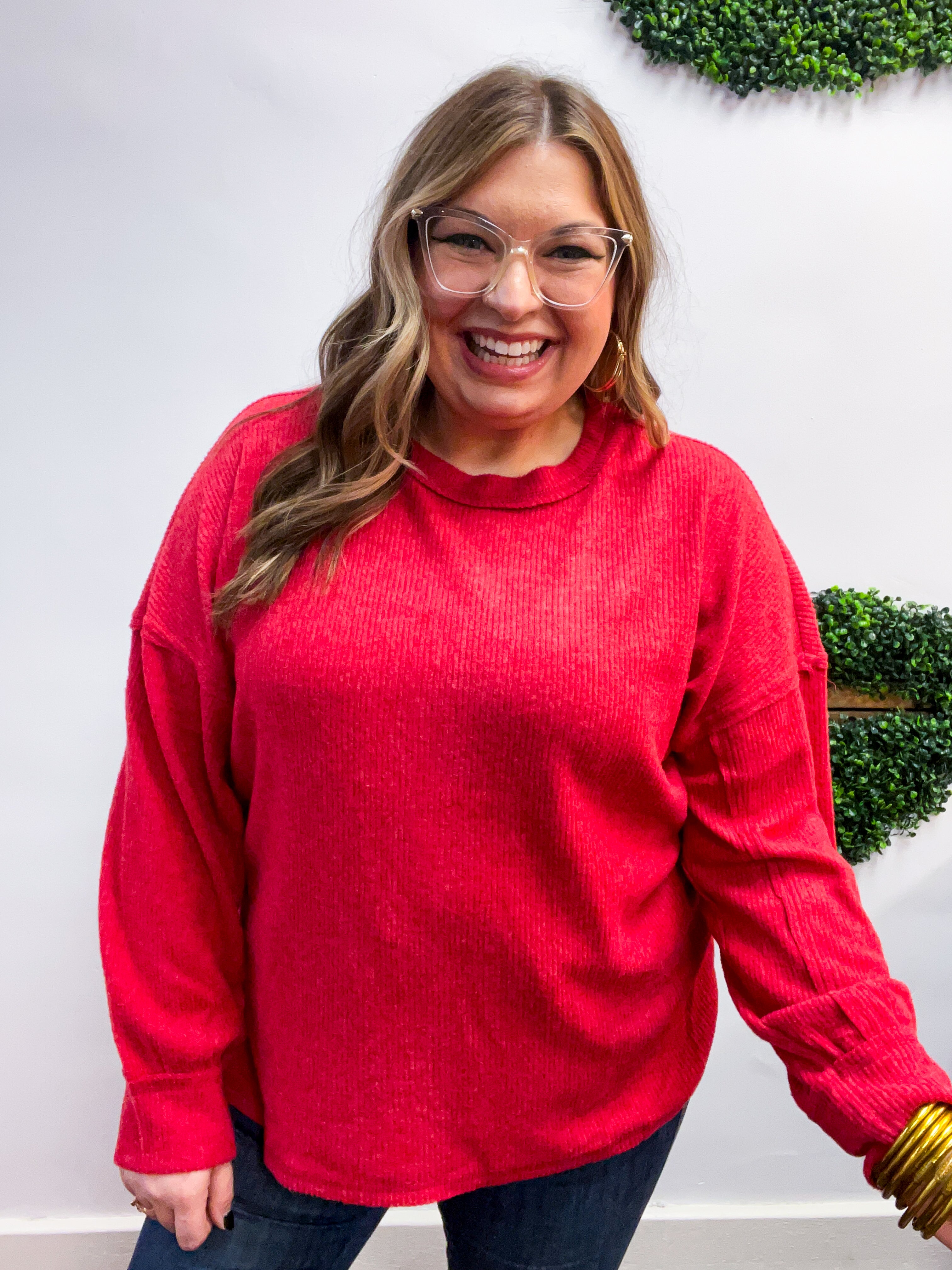 Meadow Ridge Drop Shoulder Sweater in Red