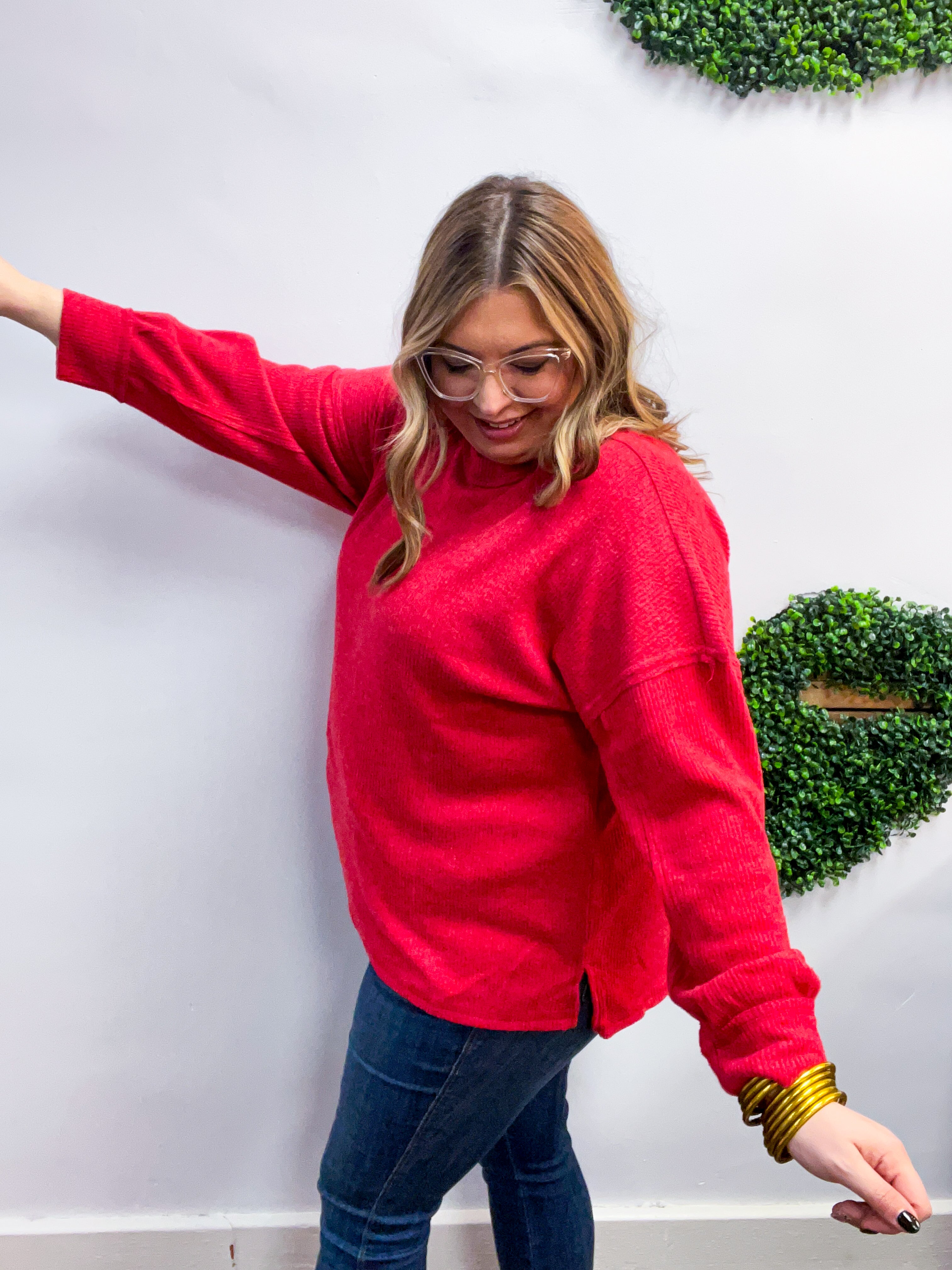 Meadow Ridge Drop Shoulder Sweater in Red