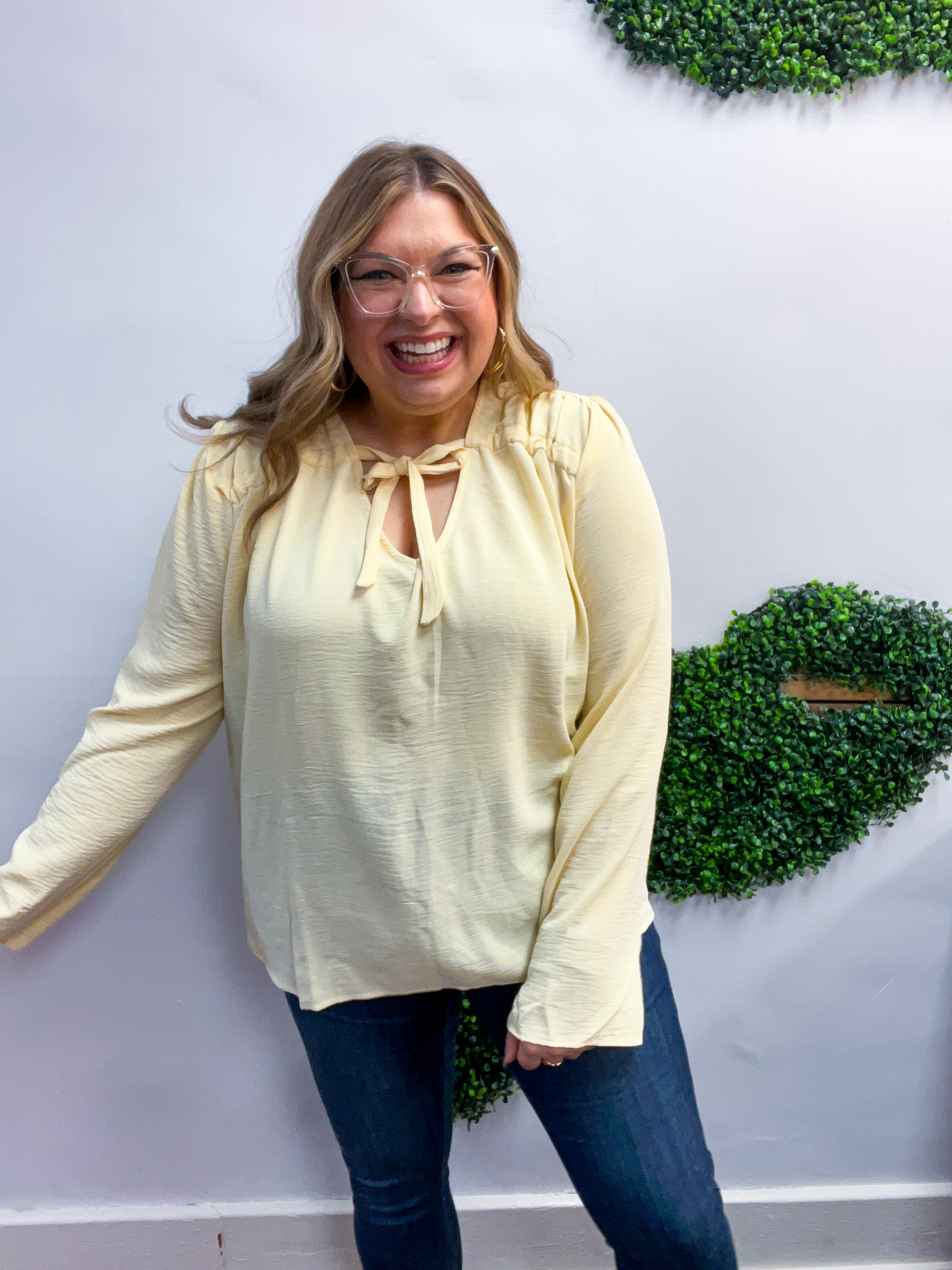 Softly Gathered Tie Blouse in Vanilla