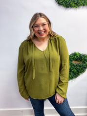 Softly Gathered Tie Blouse in Olive