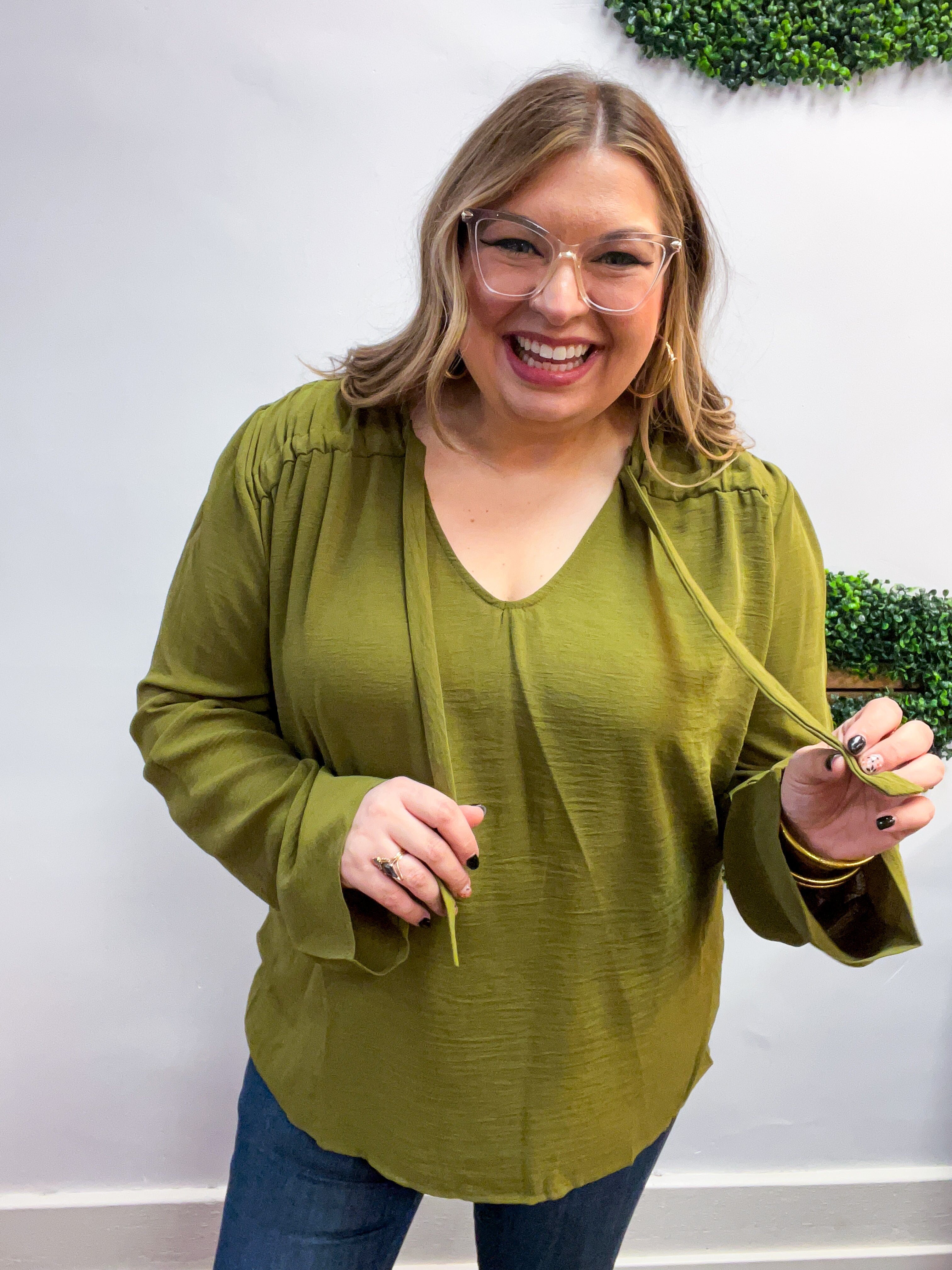 Softly Gathered Tie Blouse in Olive