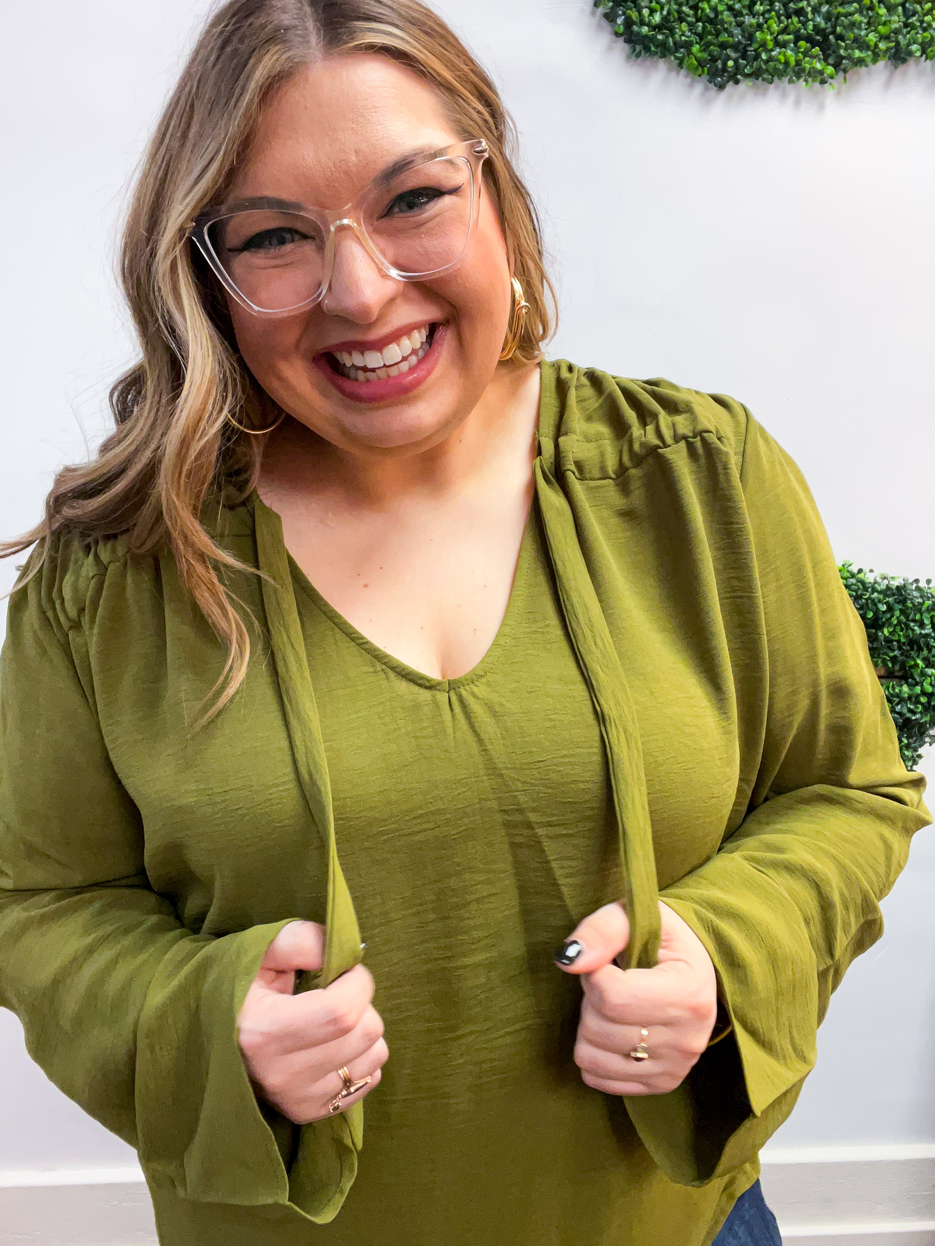 Softly Gathered Tie Blouse in Olive