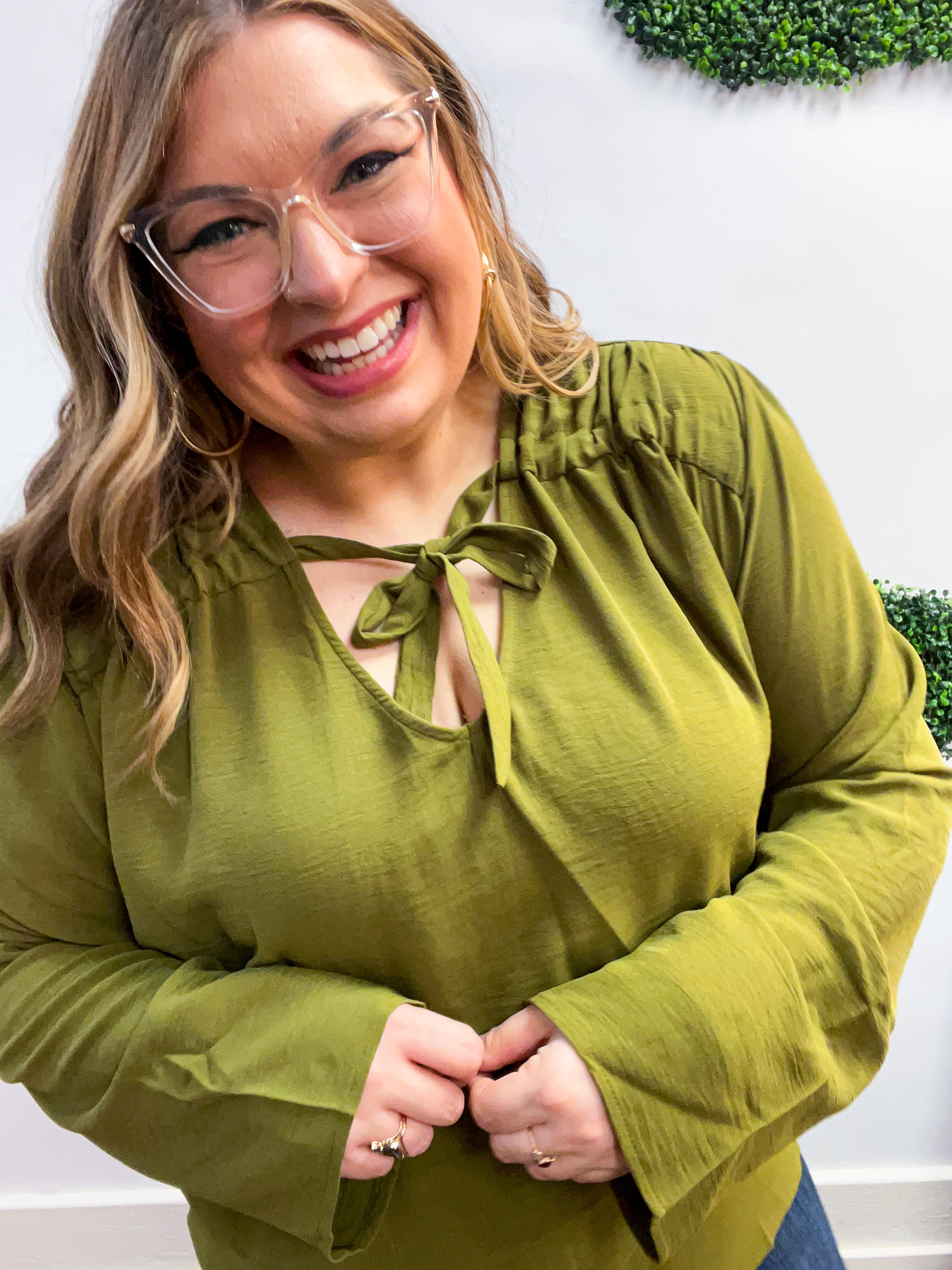 Softly Gathered Tie Blouse in Olive