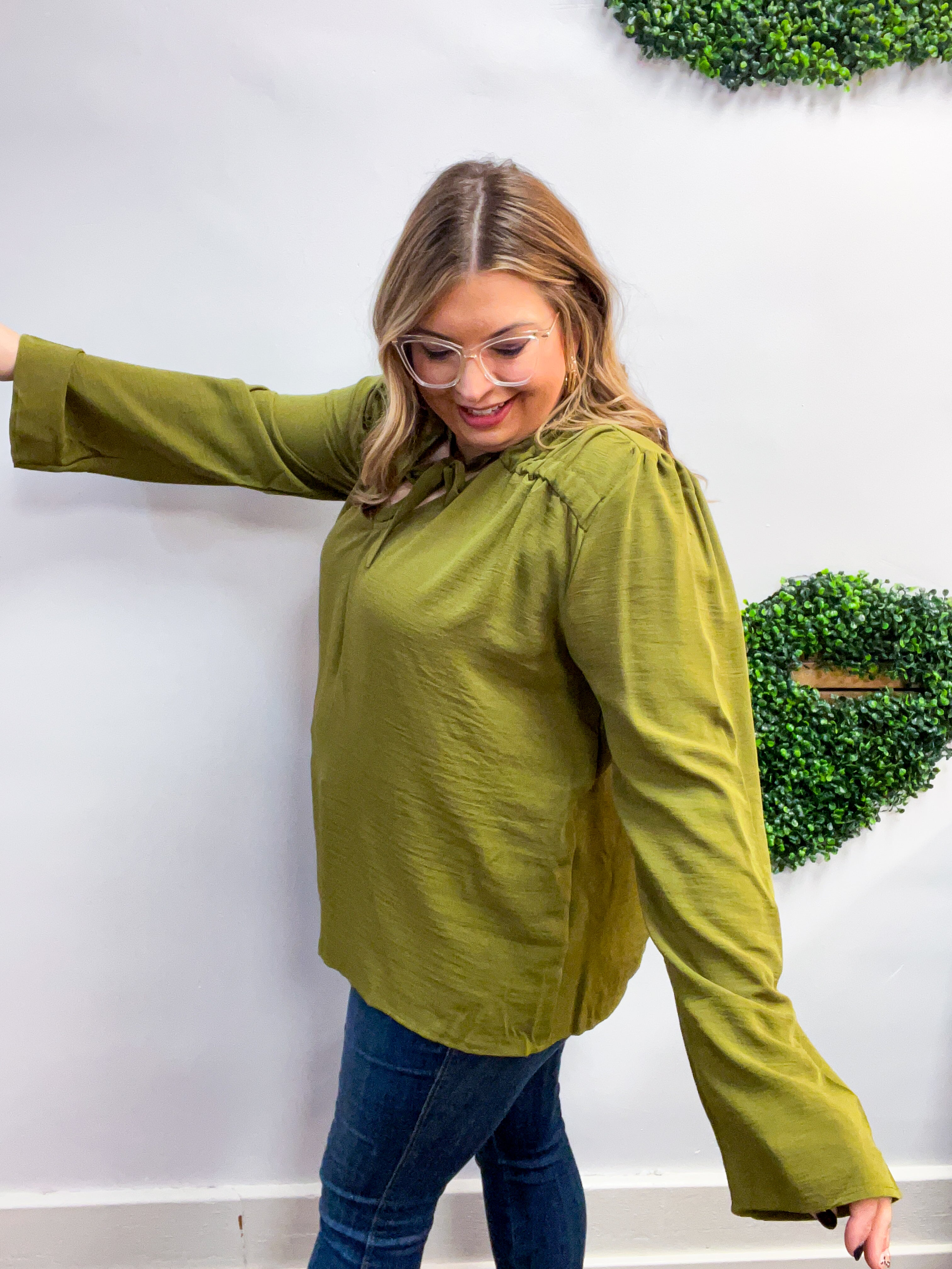 Softly Gathered Tie Blouse in Olive