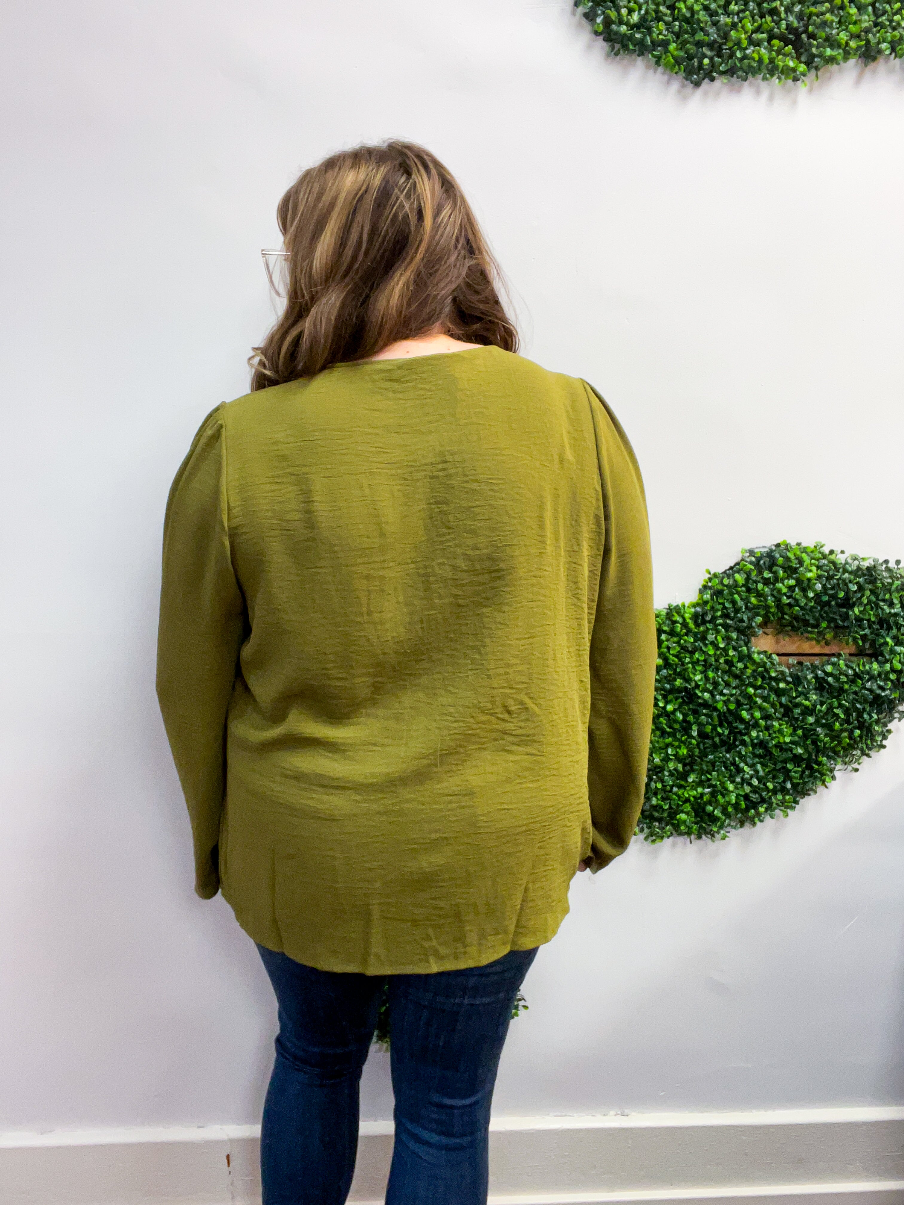 Softly Gathered Tie Blouse in Olive