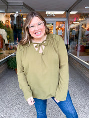 Softly Gathered Tie Blouse in Olive