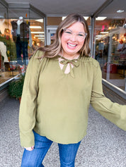 Softly Gathered Tie Blouse in Olive