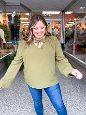Softly Gathered Tie Blouse in Olive