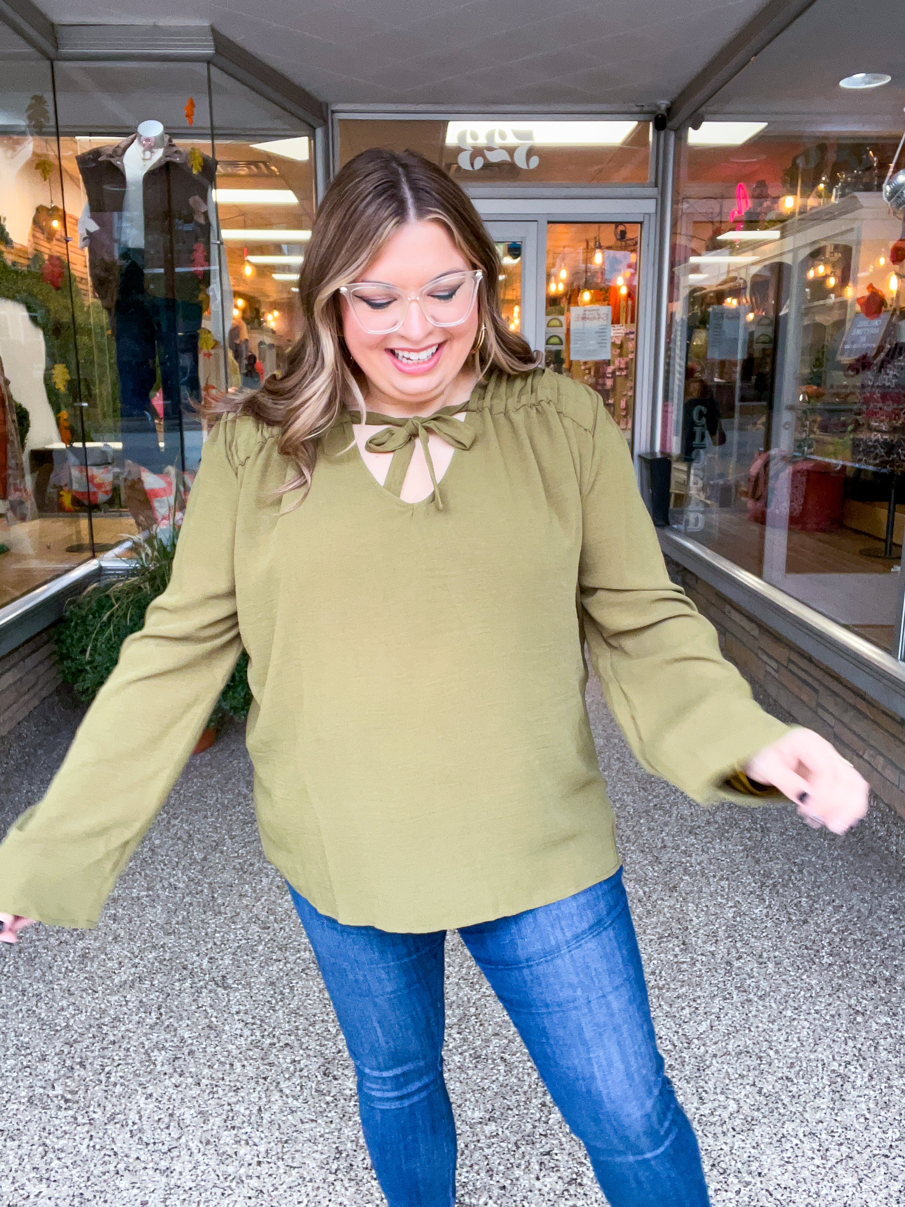 Softly Gathered Tie Blouse in Olive
