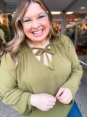 Softly Gathered Tie Blouse in Olive