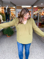 Softly Gathered Tie Blouse in Olive