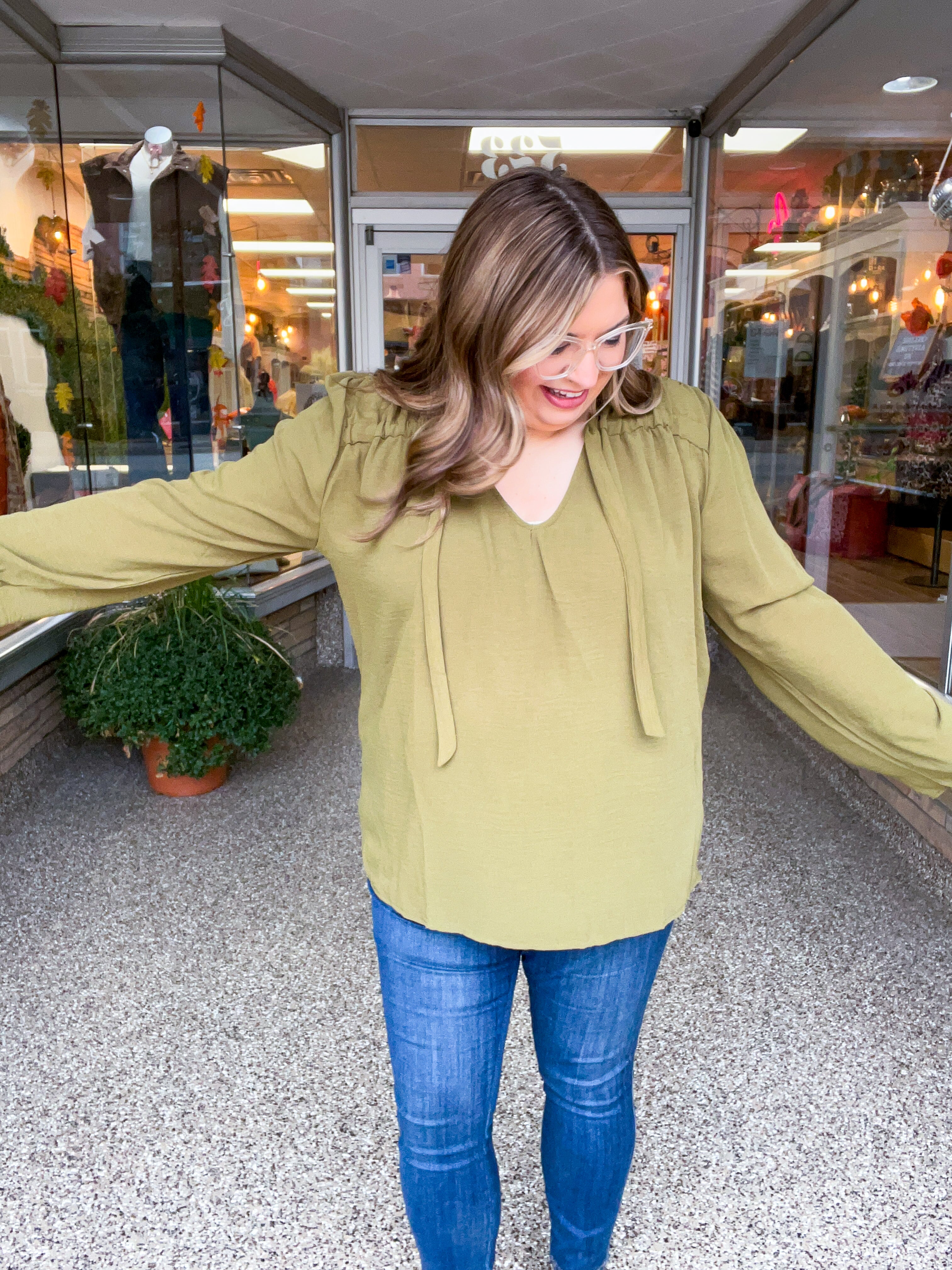 Softly Gathered Tie Blouse in Olive
