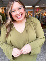 Softly Gathered Tie Blouse in Olive