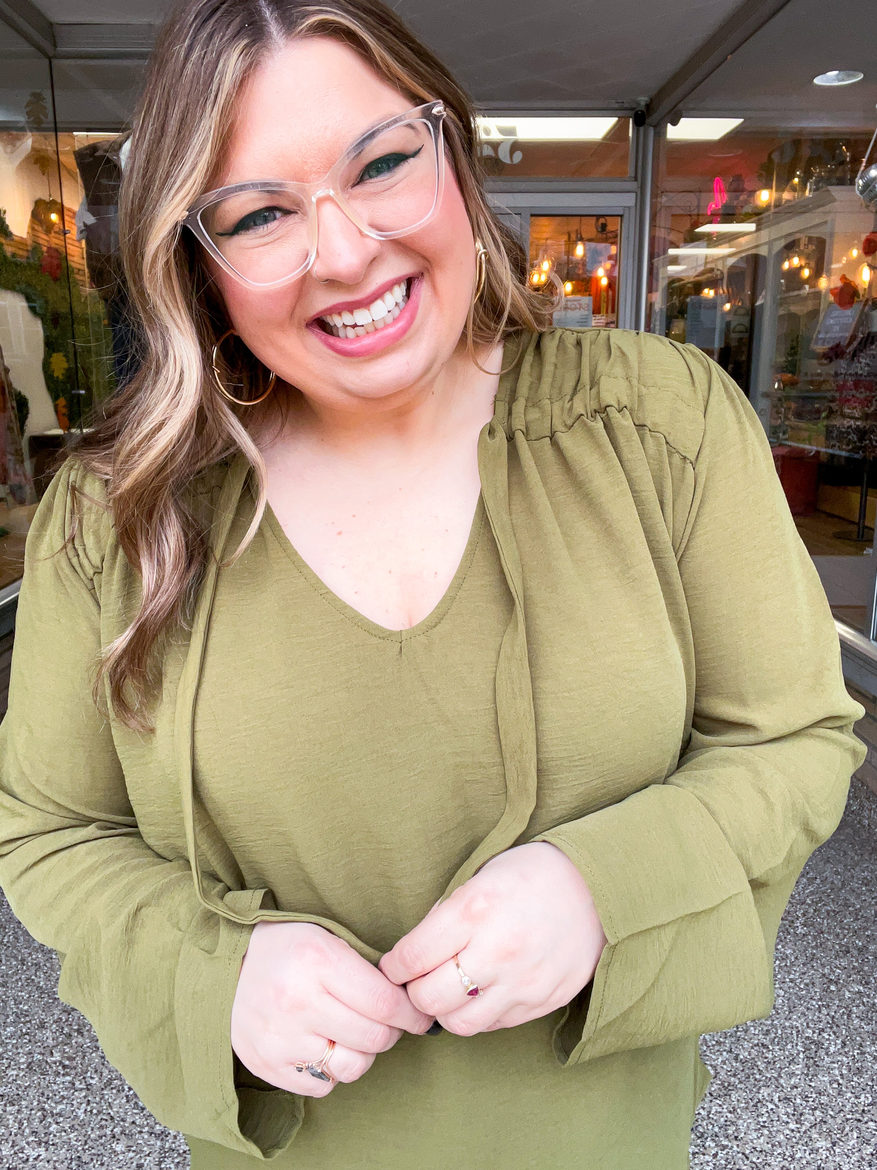 Softly Gathered Tie Blouse in Olive