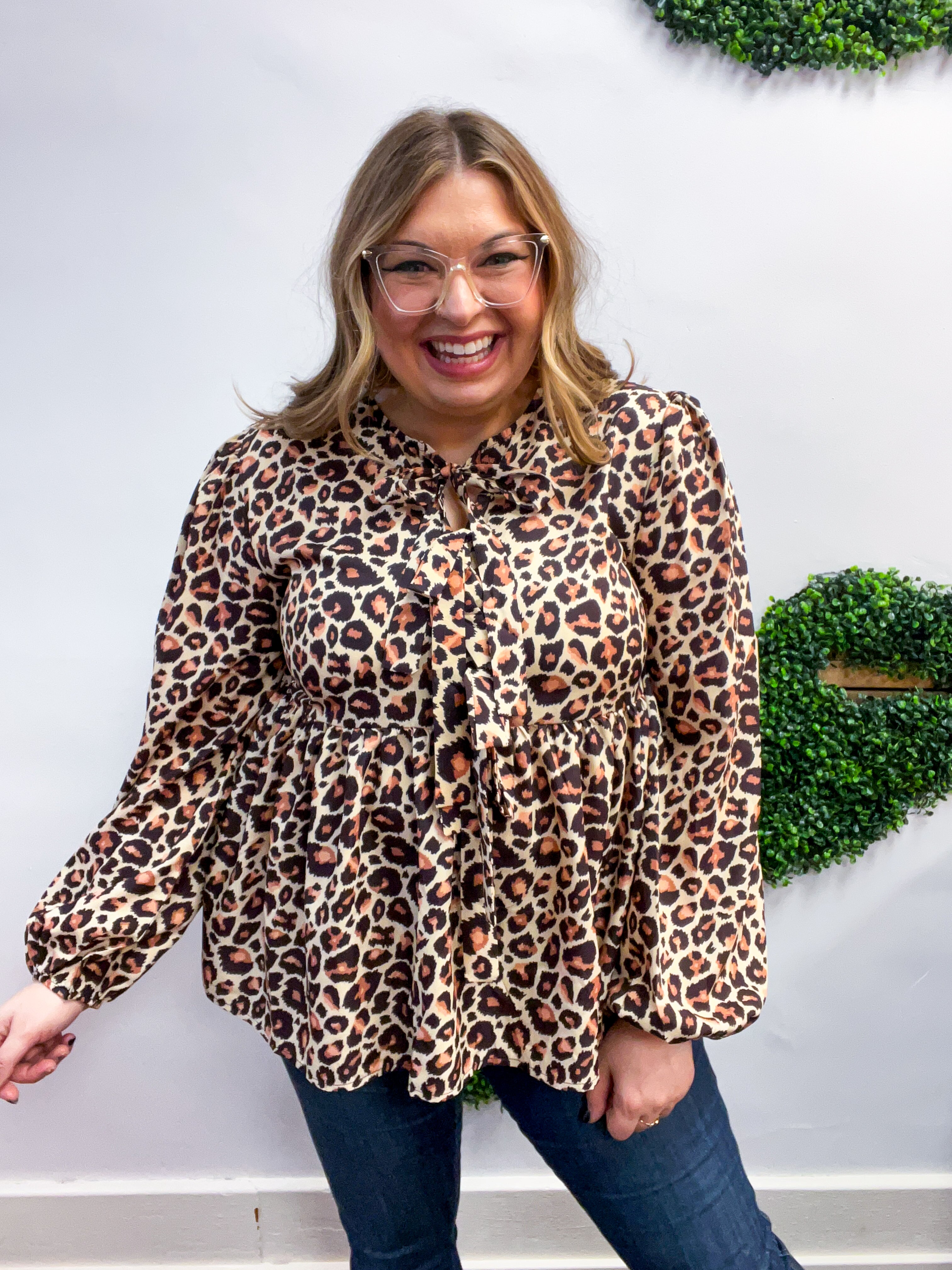 Feline Flair Ribbon Tie Babydoll Blouse