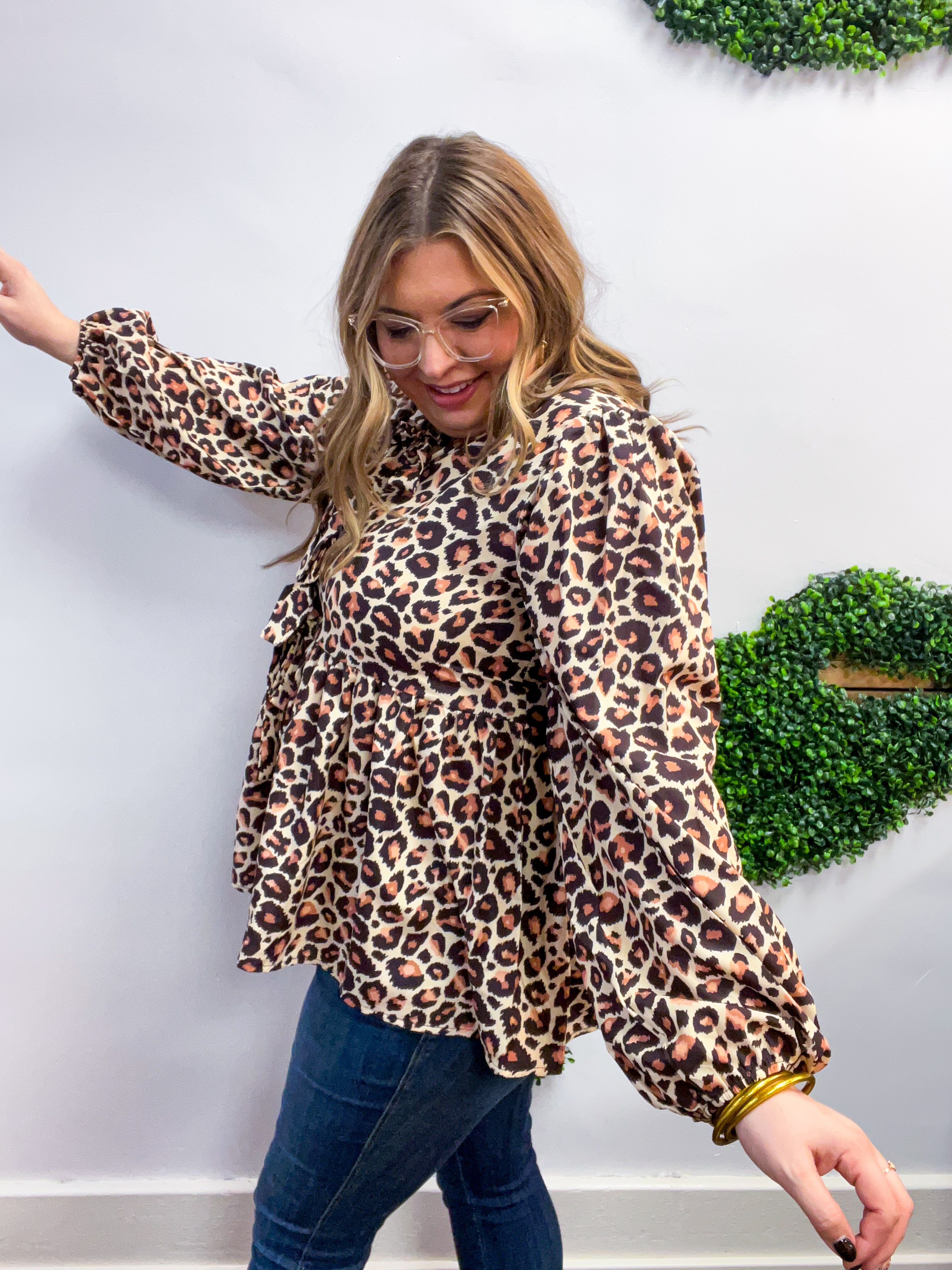 Feline Flair Ribbon Tie Babydoll Blouse