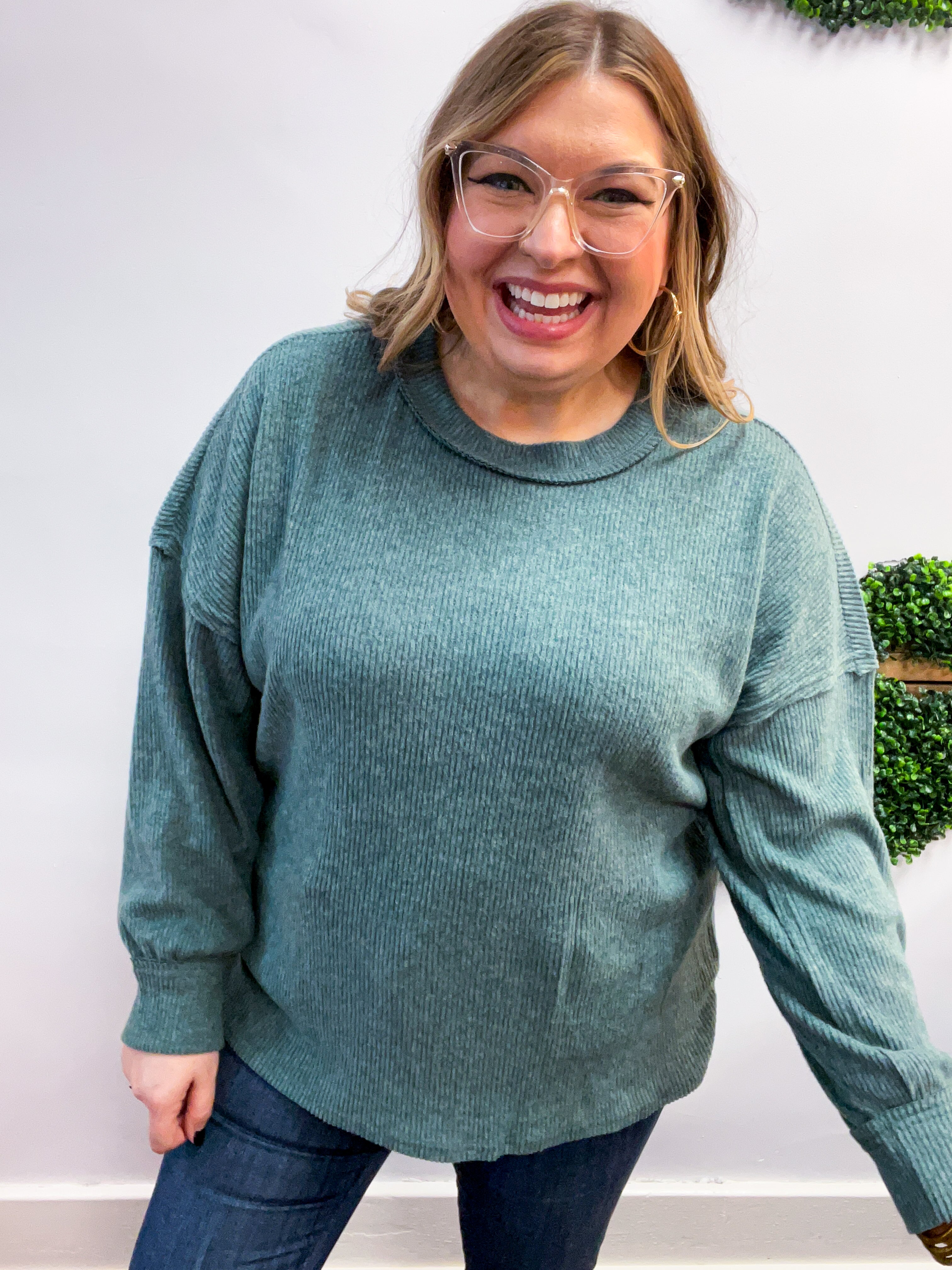 Meadow Ridge Drop Shoulder Sweater in Jade