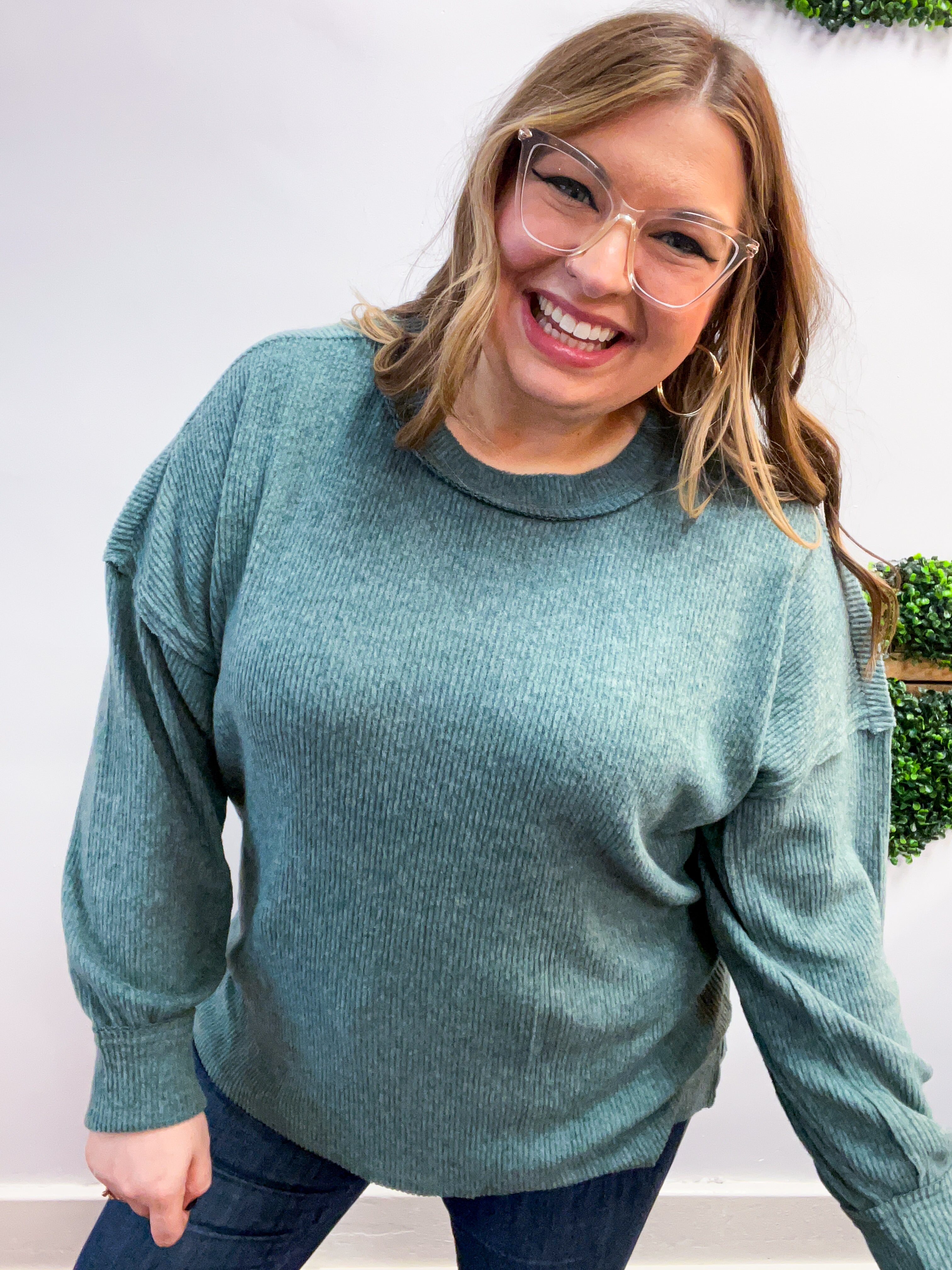 Meadow Ridge Drop Shoulder Sweater in Jade