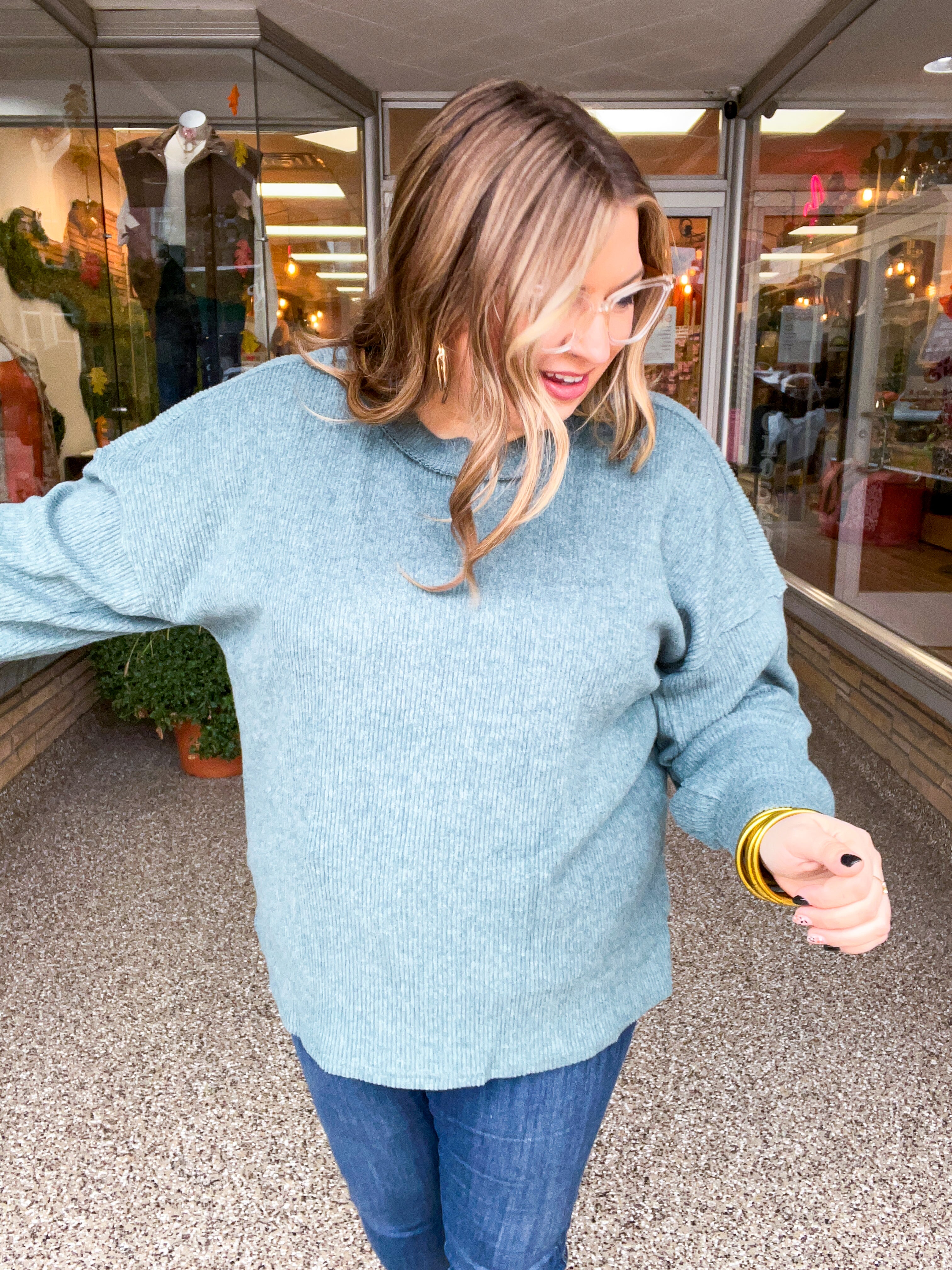 Meadow Ridge Drop Shoulder Sweater in Jade