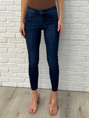 Mid Rise Adjustable Waist Raw Hem Skinny Judy Blue Jeans