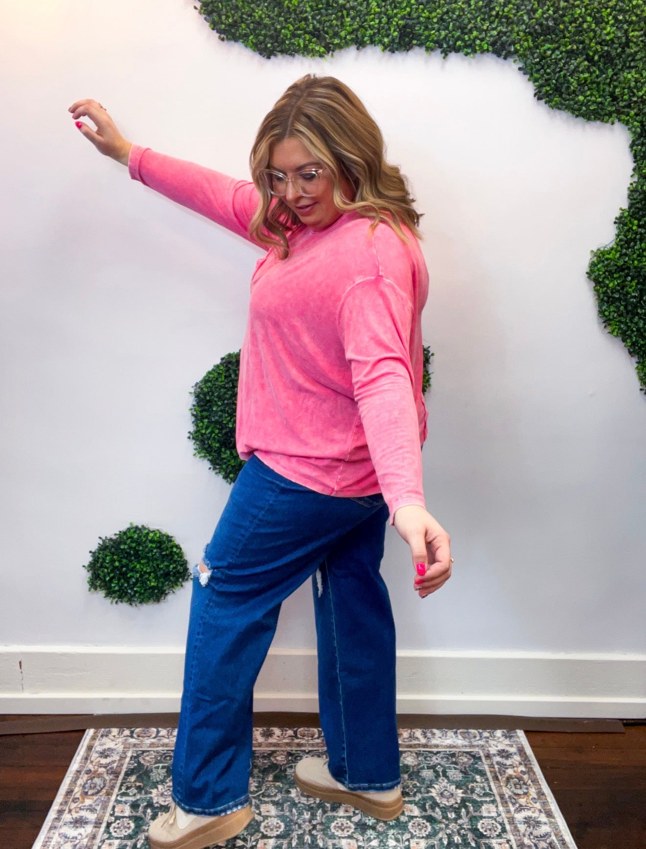 Washed Weekend Dolman Pocket Top in Fuchsia