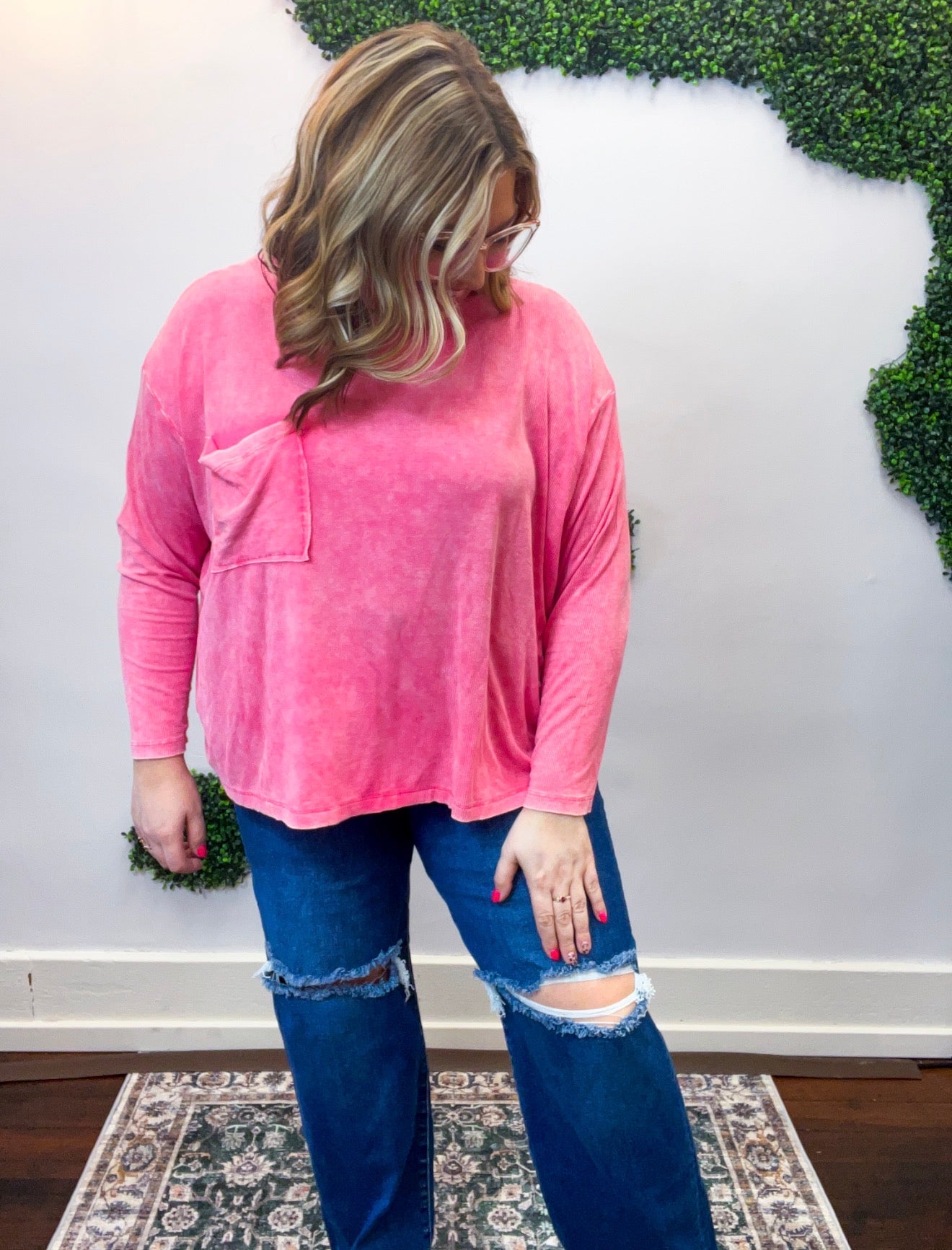 Washed Weekend Dolman Pocket Top in Fuchsia