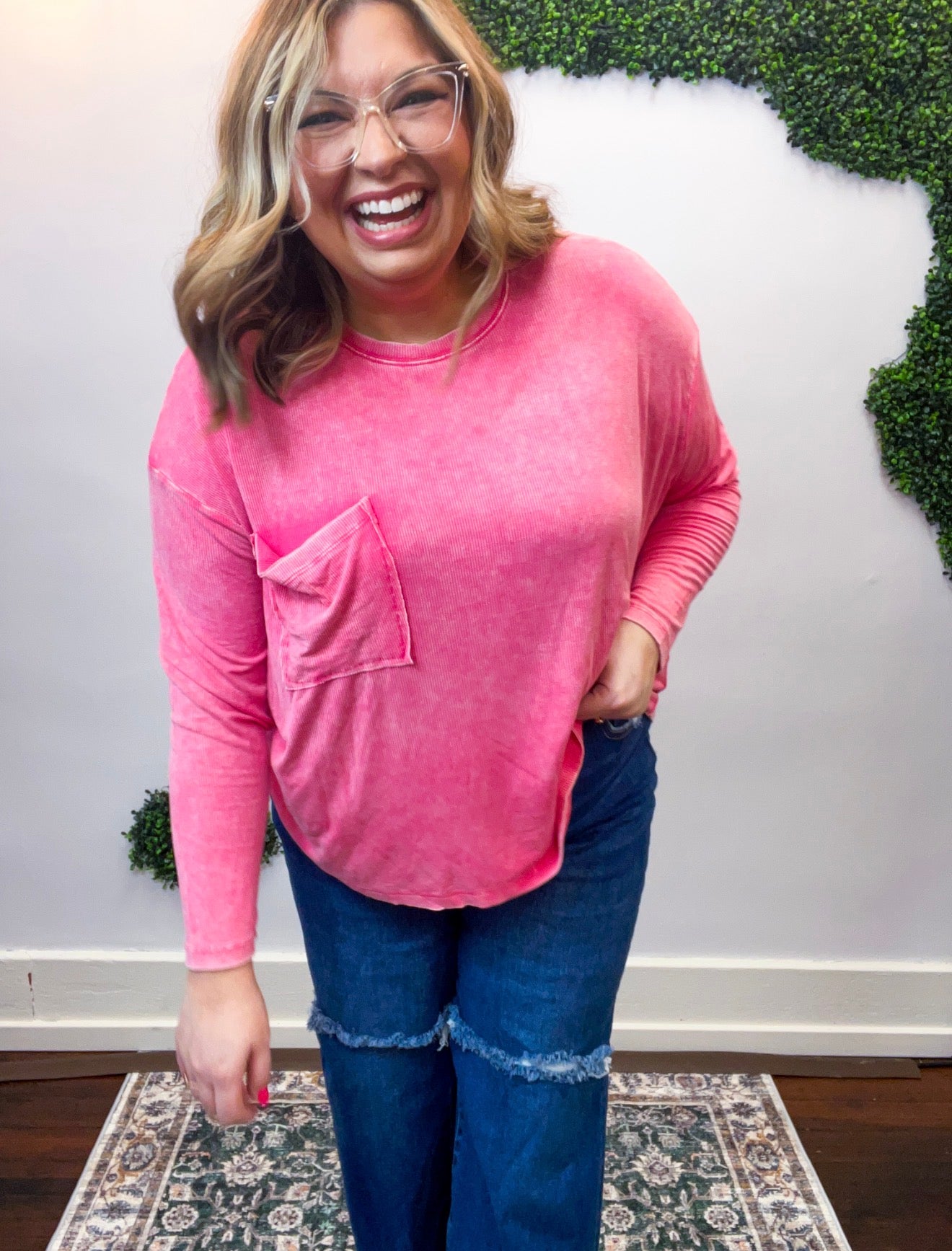 Washed Weekend Dolman Pocket Top in Fuchsia
