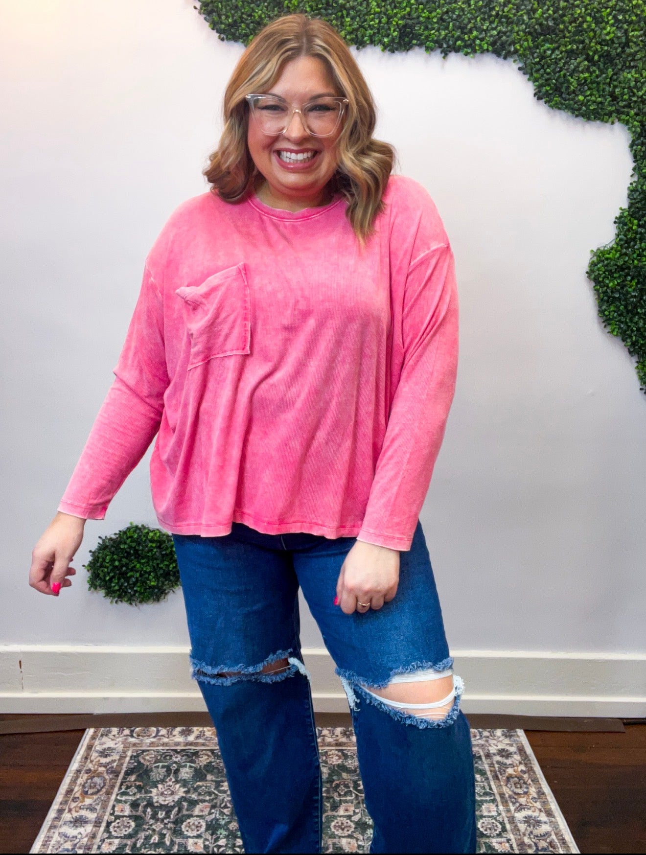 Washed Weekend Dolman Pocket Top in Fuchsia