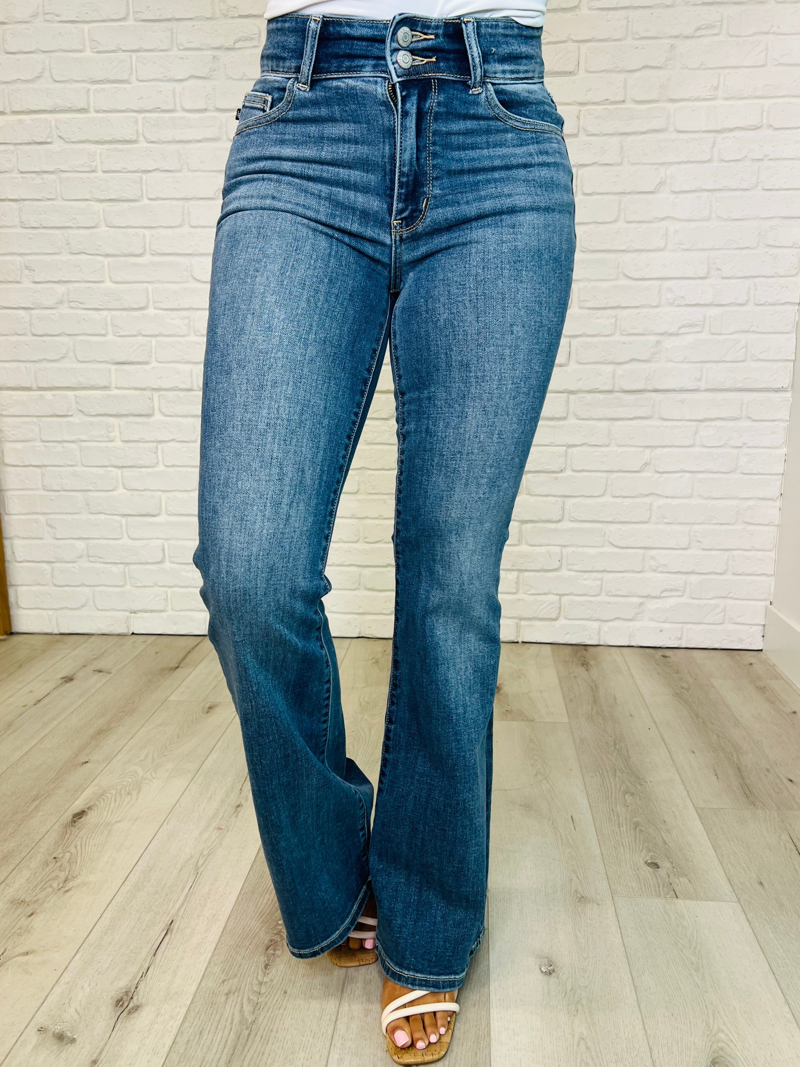 High Rise Double Button Waistband Flare Judy Blue Jeans