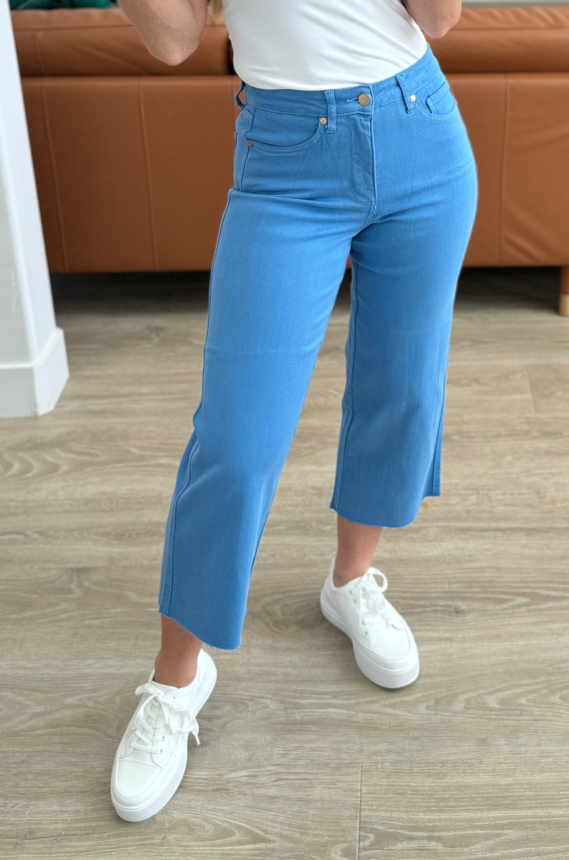 High Rise Tummy Control  Wide Leg Crop Jeans in Sky Blue