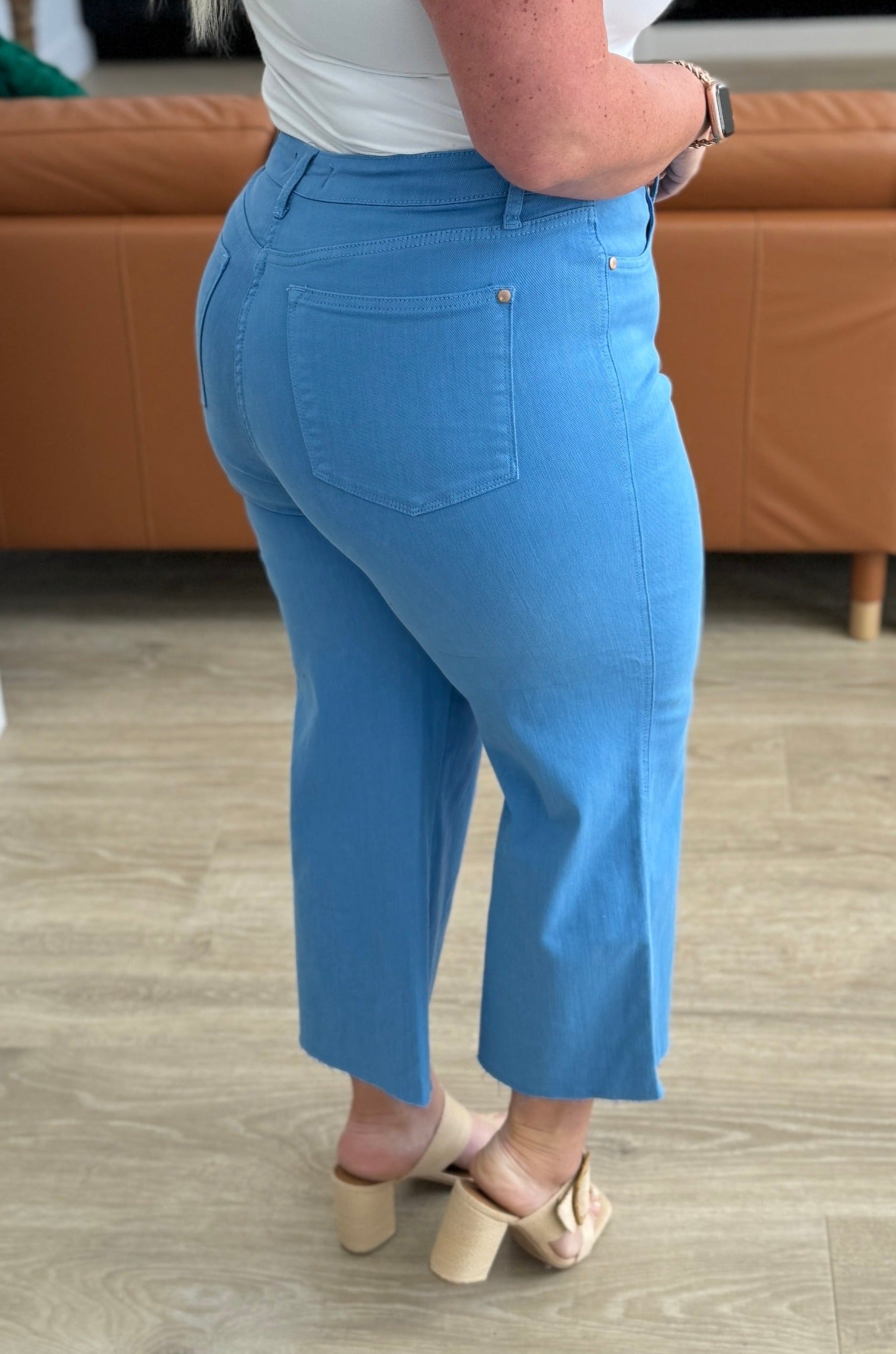 High Rise Tummy Control  Wide Leg Crop Jeans in Sky Blue