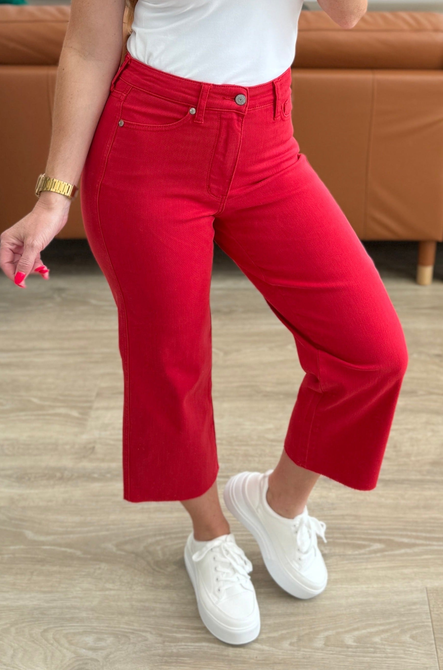 High Rise Tummy Control Wide Leg Crop Jeans in Red