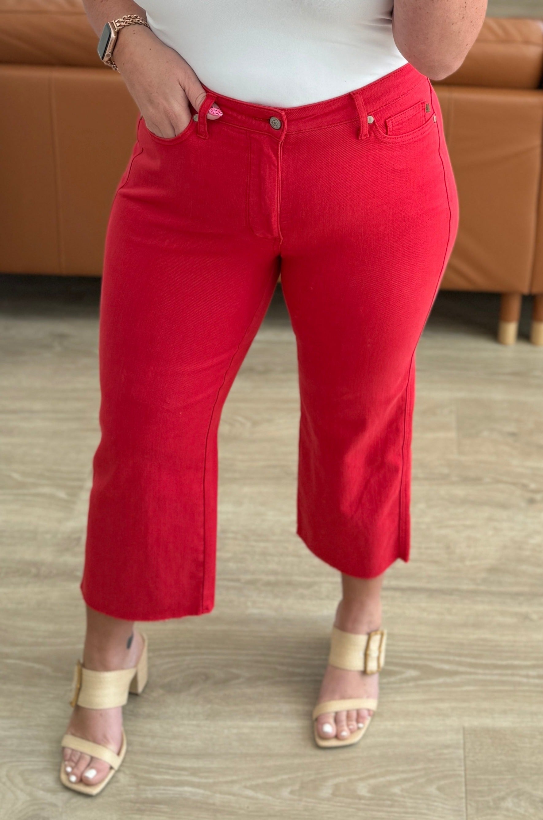 High Rise Tummy Control Wide Leg Crop Jeans in Red