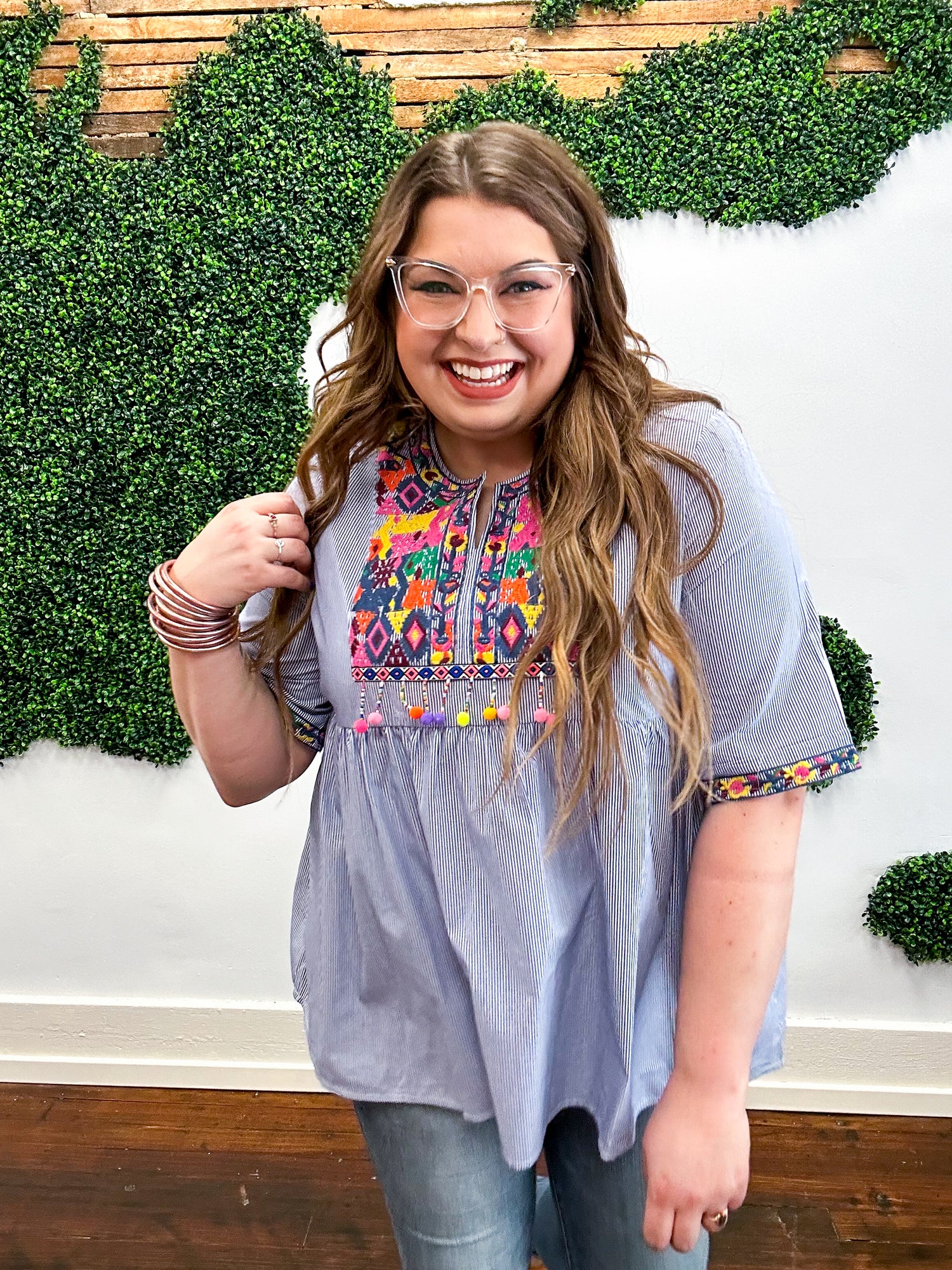 Aurora Navy Stripe Embroidered Beaded Pom Pom Yoke Top
