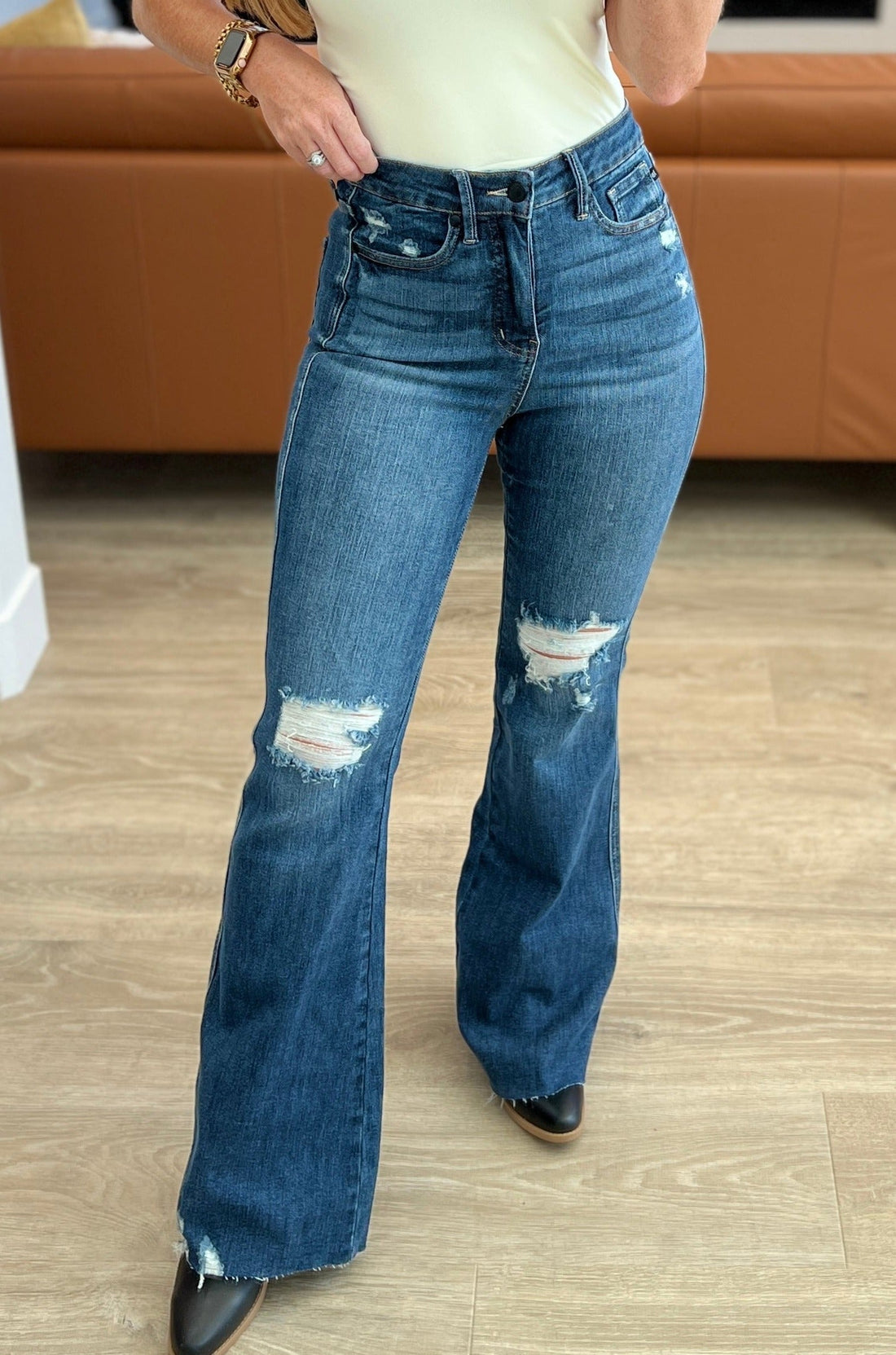 High Rise Tummy Control Distressed Flare Jeans