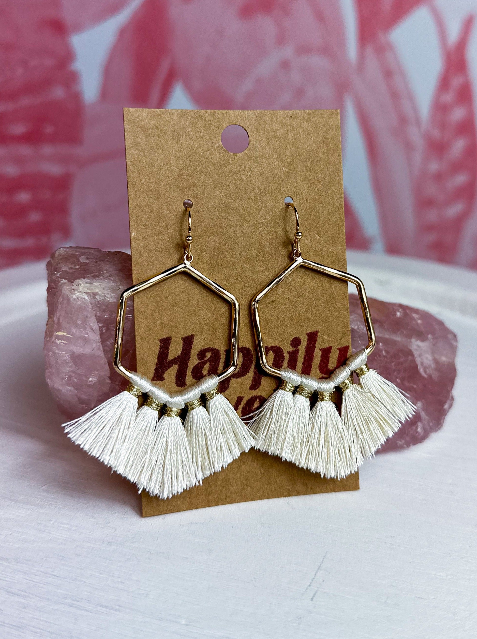 Textured Hexagon Tassel Earrings - Ivory *Final Sale*