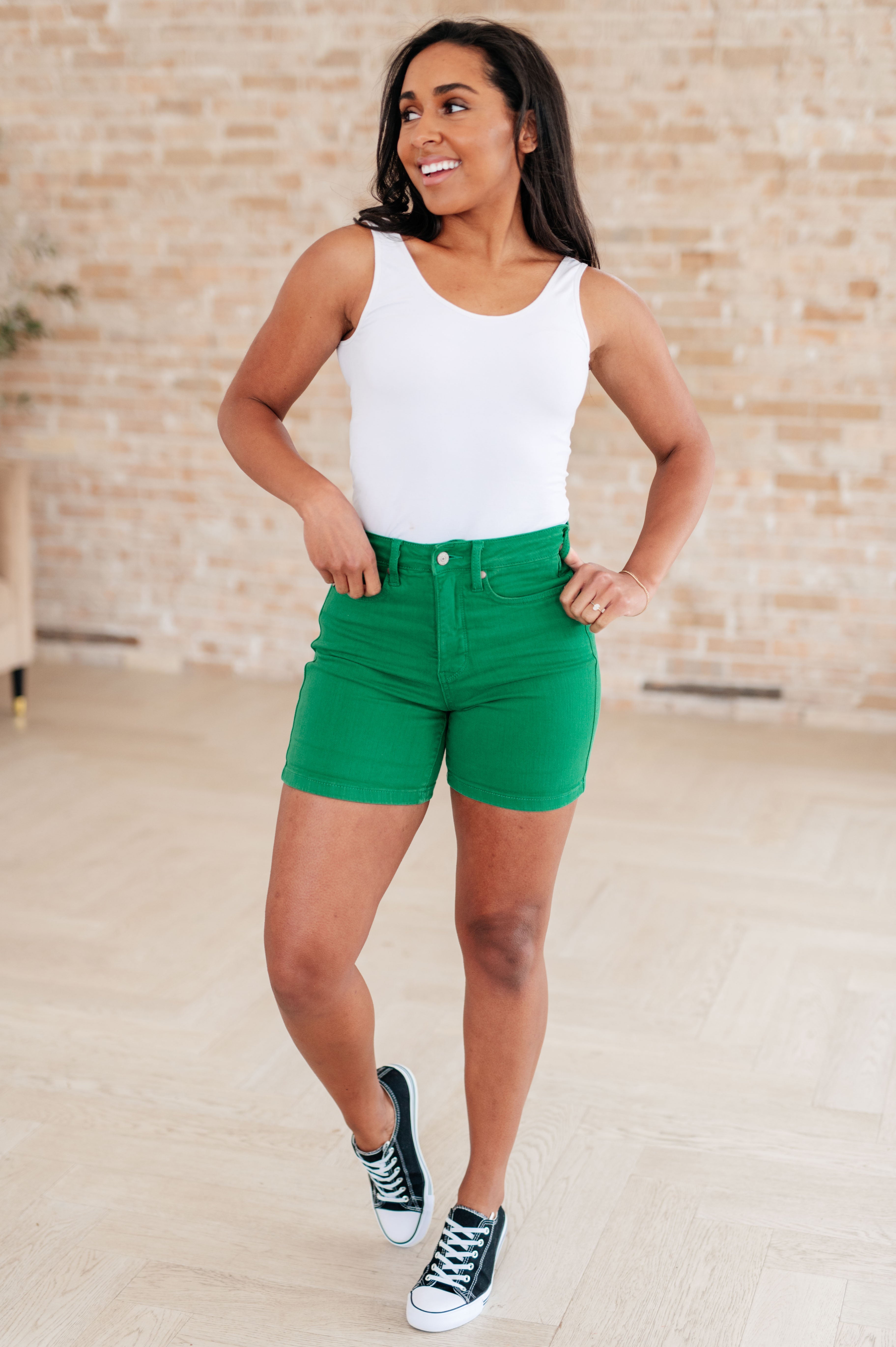 High Rise Tummy Control Cuffed Judy Blue Shorts in Green