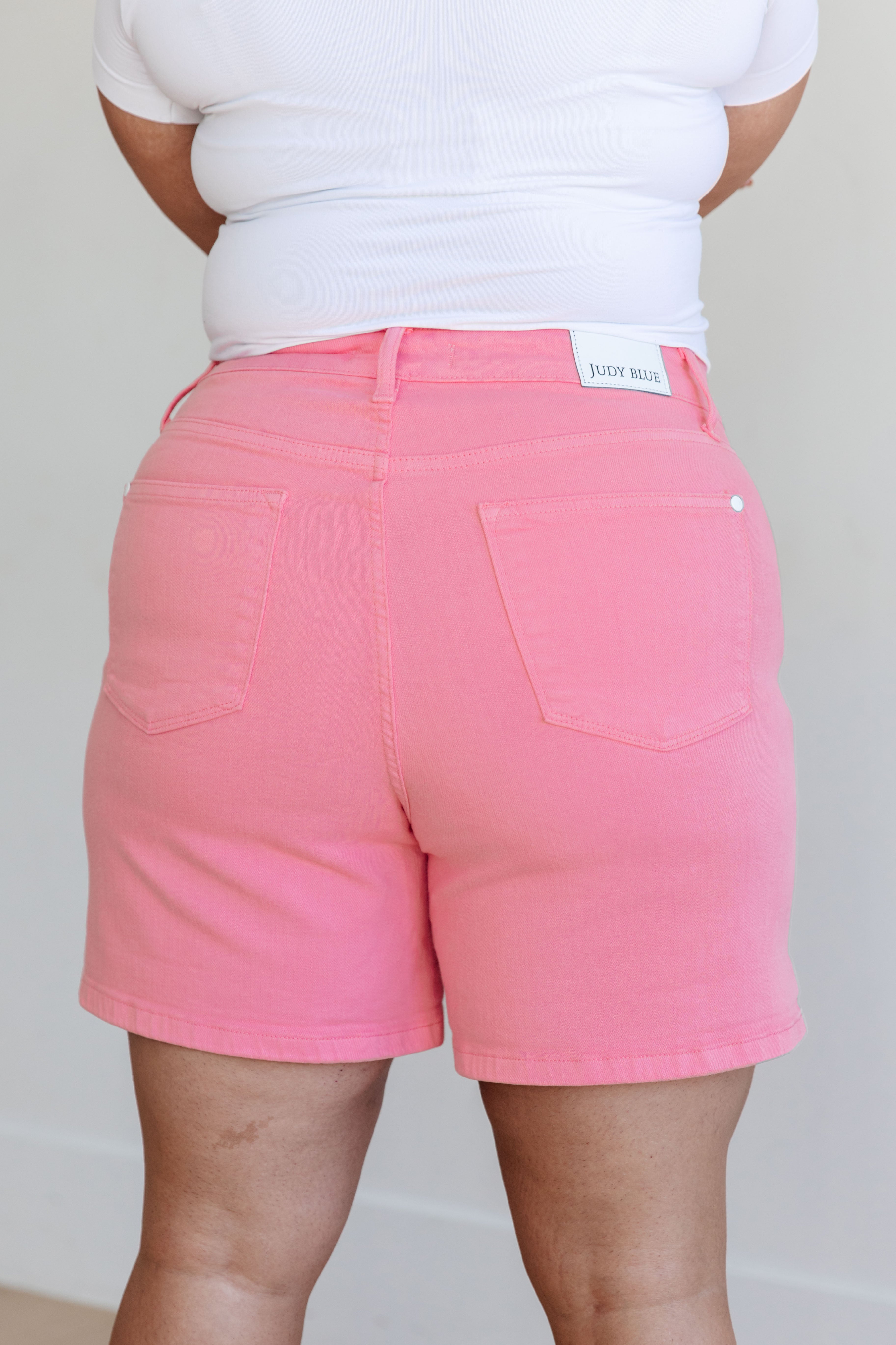 High Rise Tummy Control Cuffed Judy Blue Shorts in Pink – happily ever co