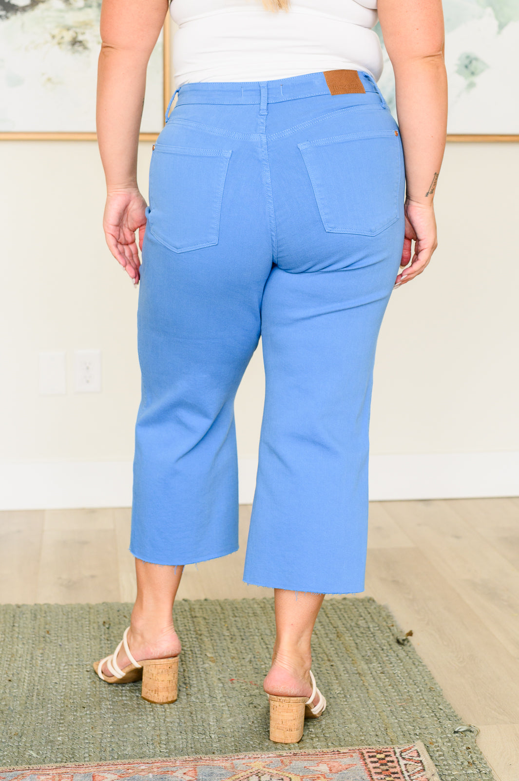 High Rise Tummy Control  Wide Leg Crop Jeans in Sky Blue