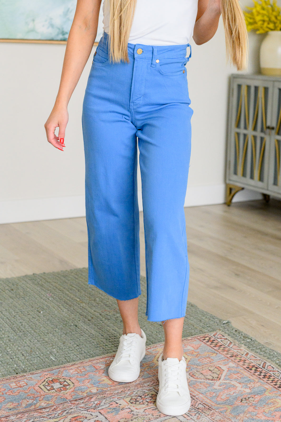 High Rise Tummy Control  Wide Leg Crop Jeans in Sky Blue