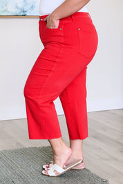 High Rise Tummy Control Wide Leg Crop Jeans in Red