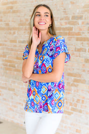 Lizzy Cap Sleeve Top in Blue and Magenta Ikat