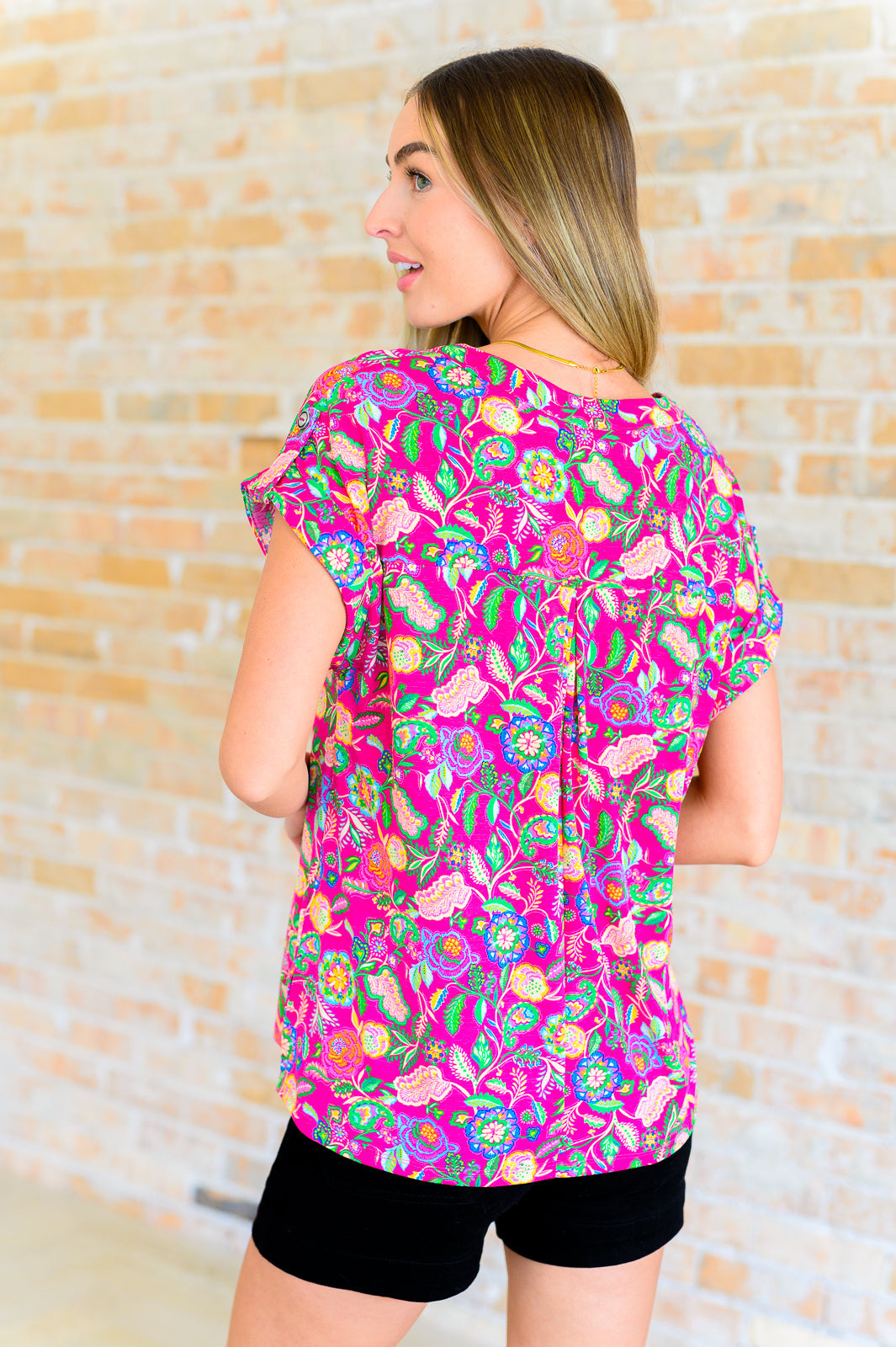 Lizzy Cap Sleeve Top in Fuchsia and Green Floral Paisley
