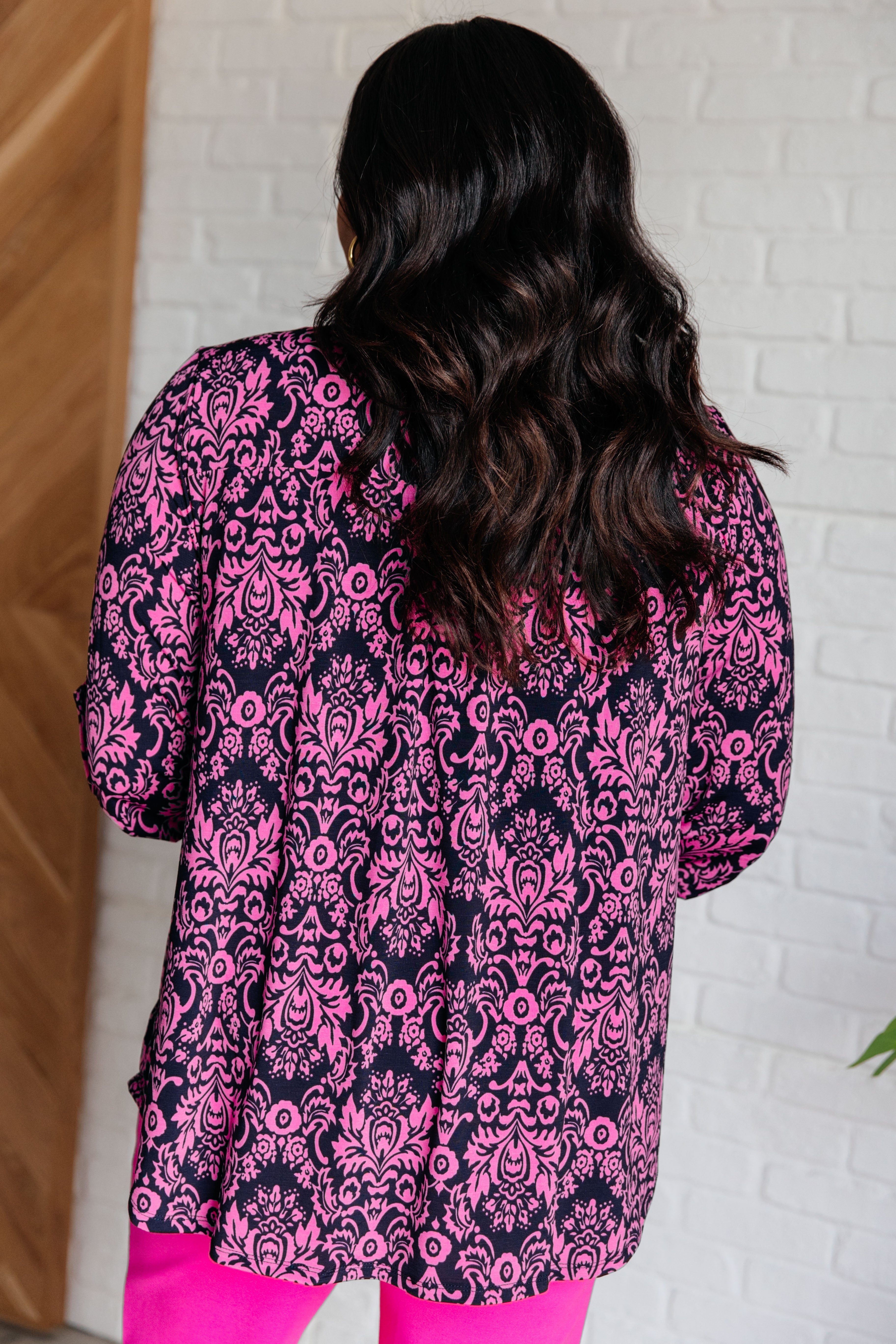 Lizzy Dear Scarlett Top in Hot Pink and Navy Damask