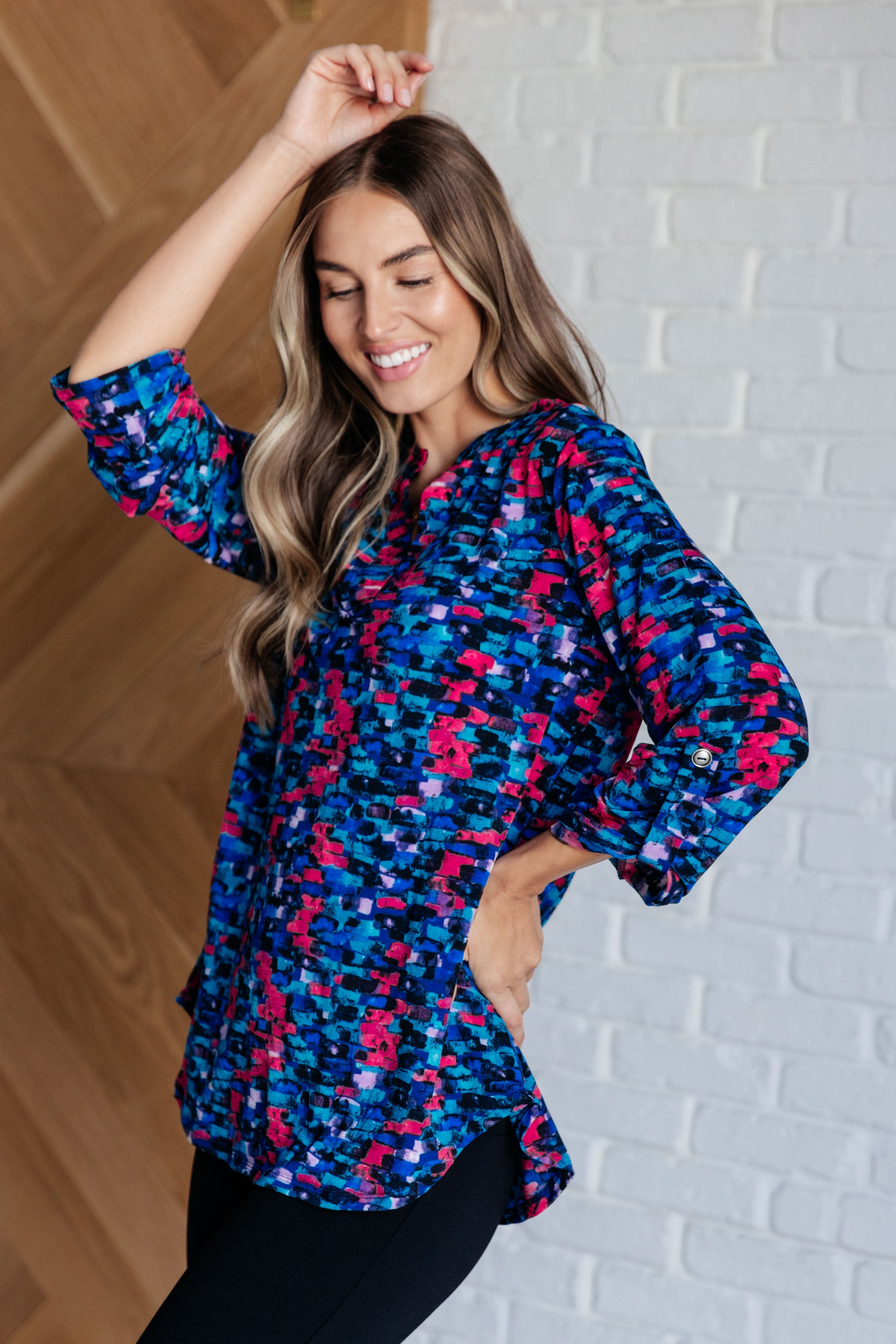 Lizzy Dear Scarlett Top in Navy and Teal Multi