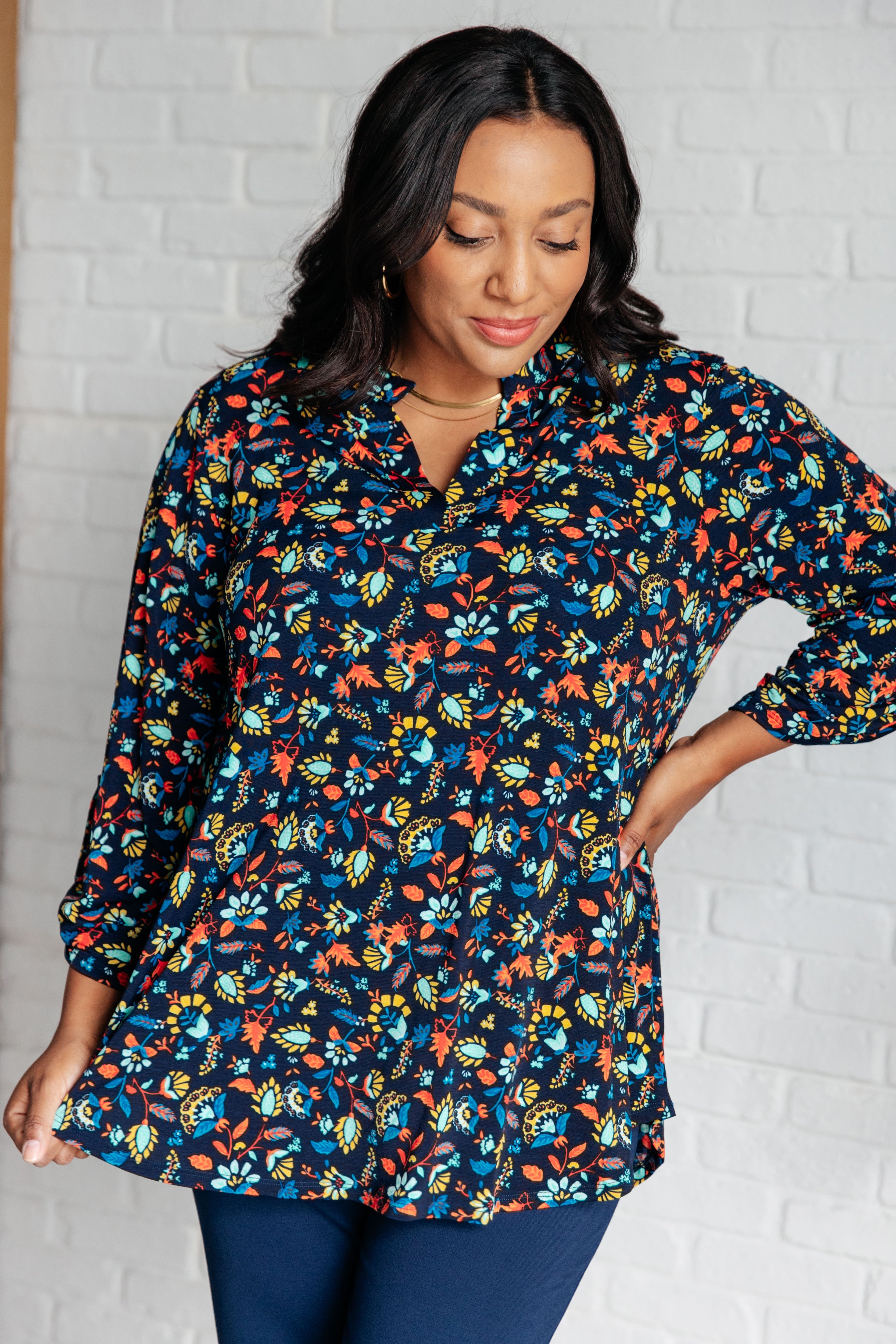 Lizzy Dear Scarlett Top in Navy and Teal Multi Floral